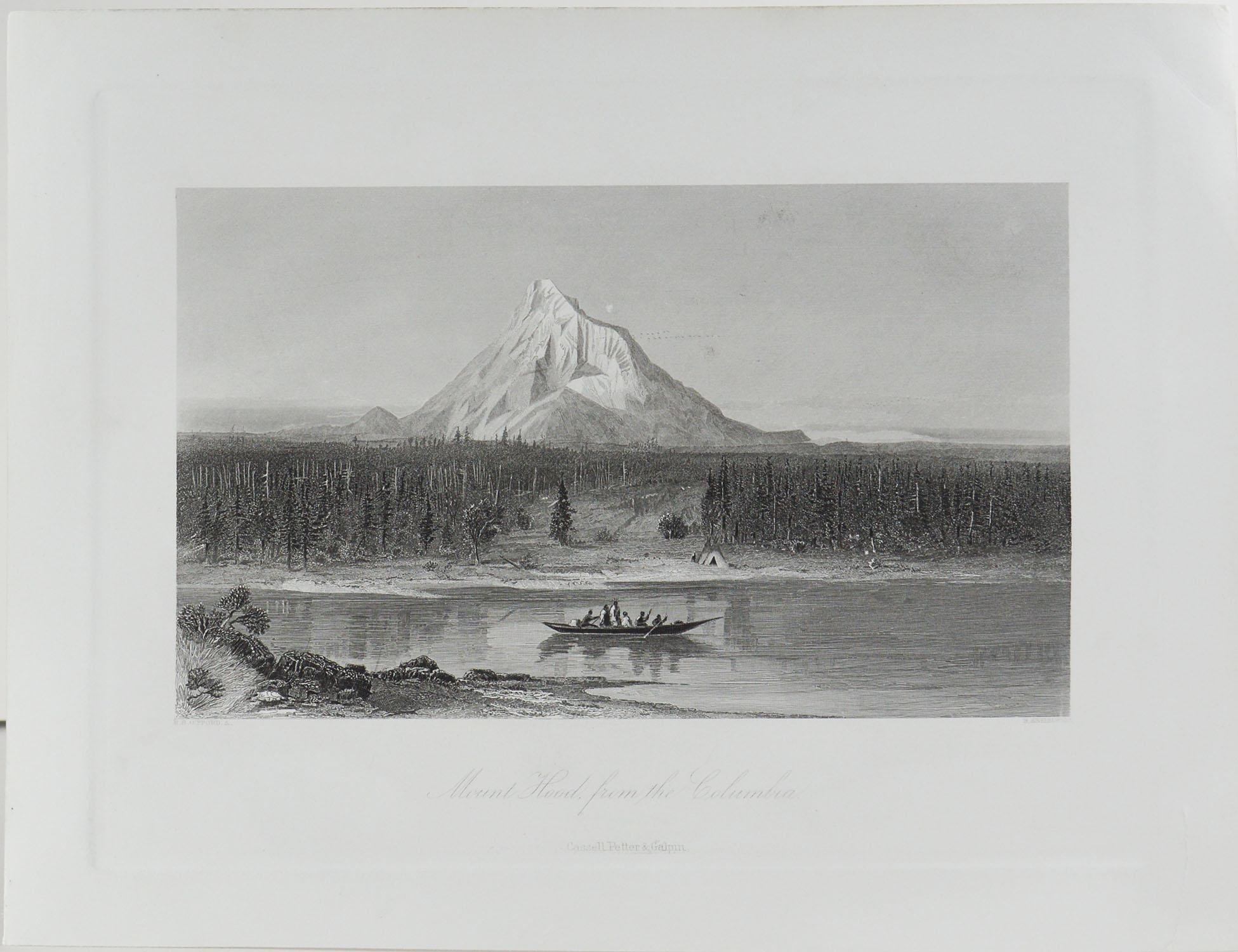 Great print of mount hood, oregon

Steel engraving after the original drawing by R.S.Gifford

Published circa 1870

Unframed.

Repair to a tear bottom right margin.
   
