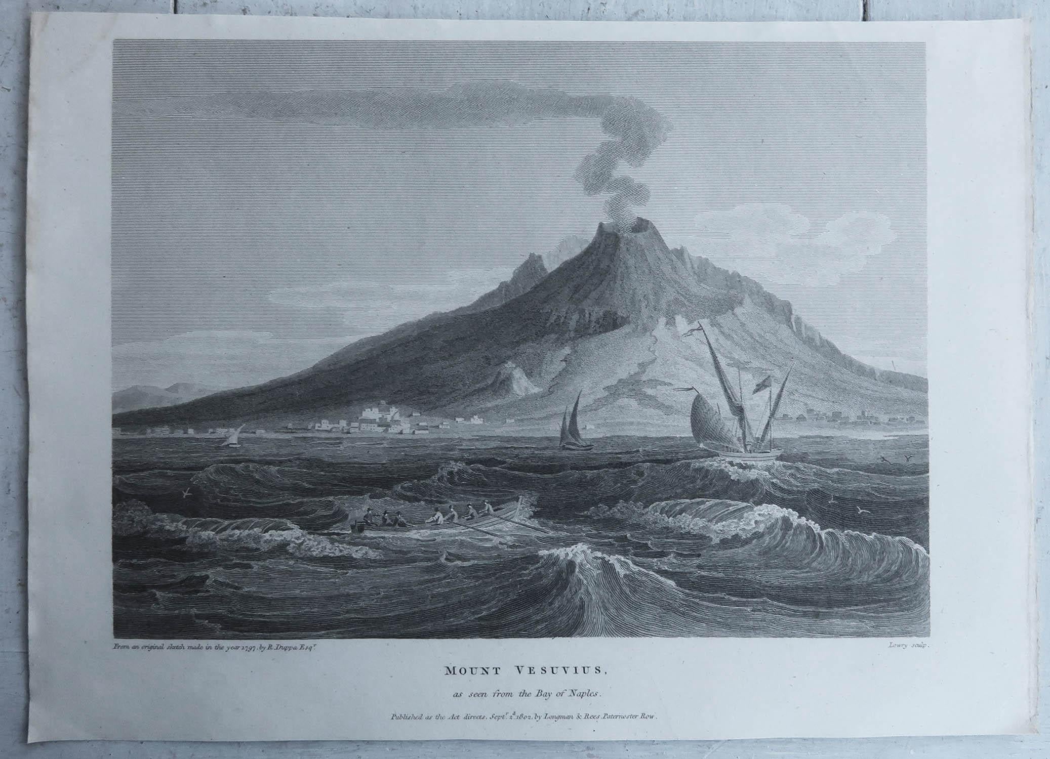 English Original Antique Print of Mount Vesuvius, Naples, Italy. Dated 1802 For Sale