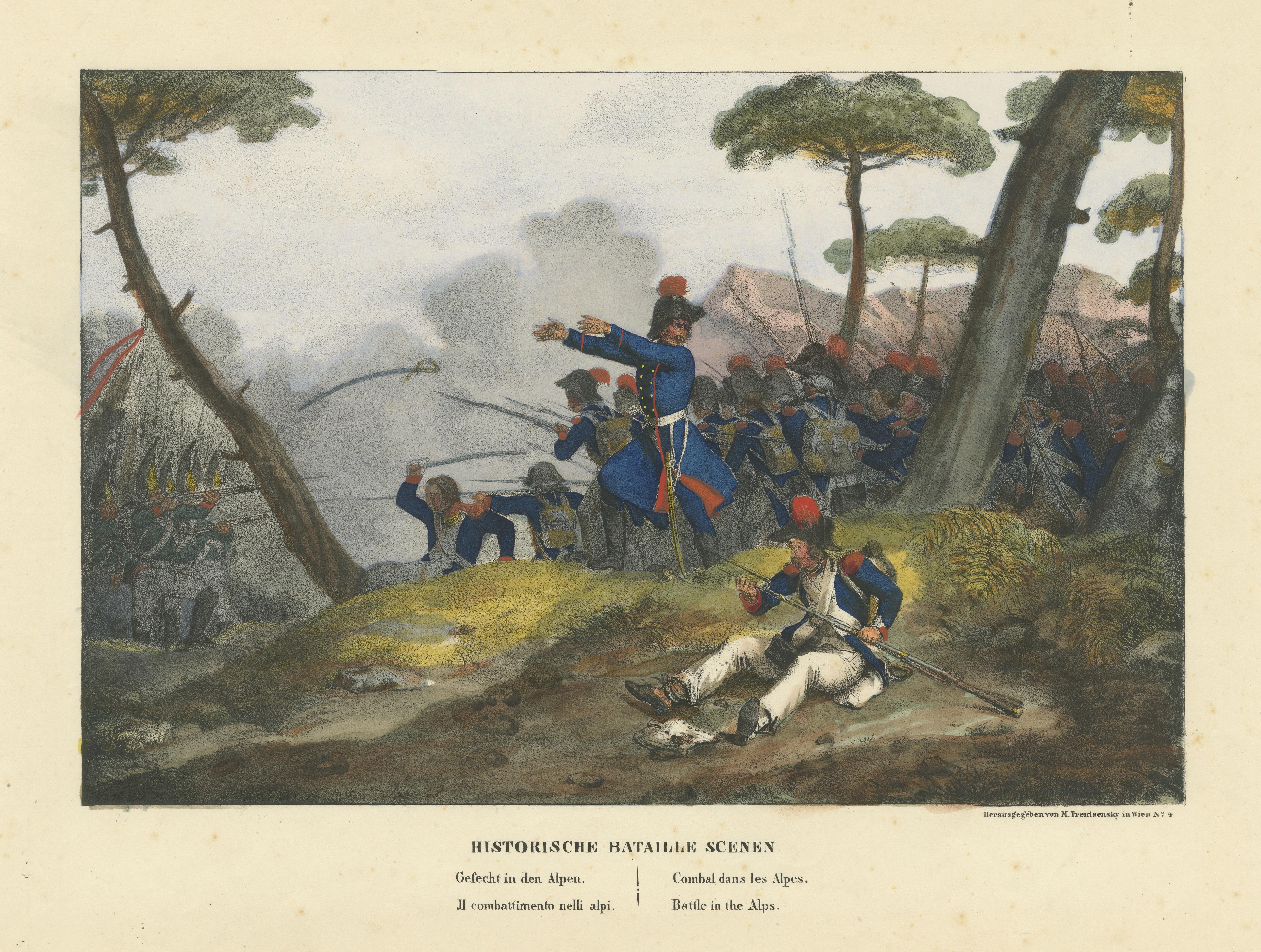 Original Antiker Druck des Gebirgskrieges: Der Alpine-Encounter von 1834, um 1834 im Zustand „Gut“ im Angebot in Langweer, NL