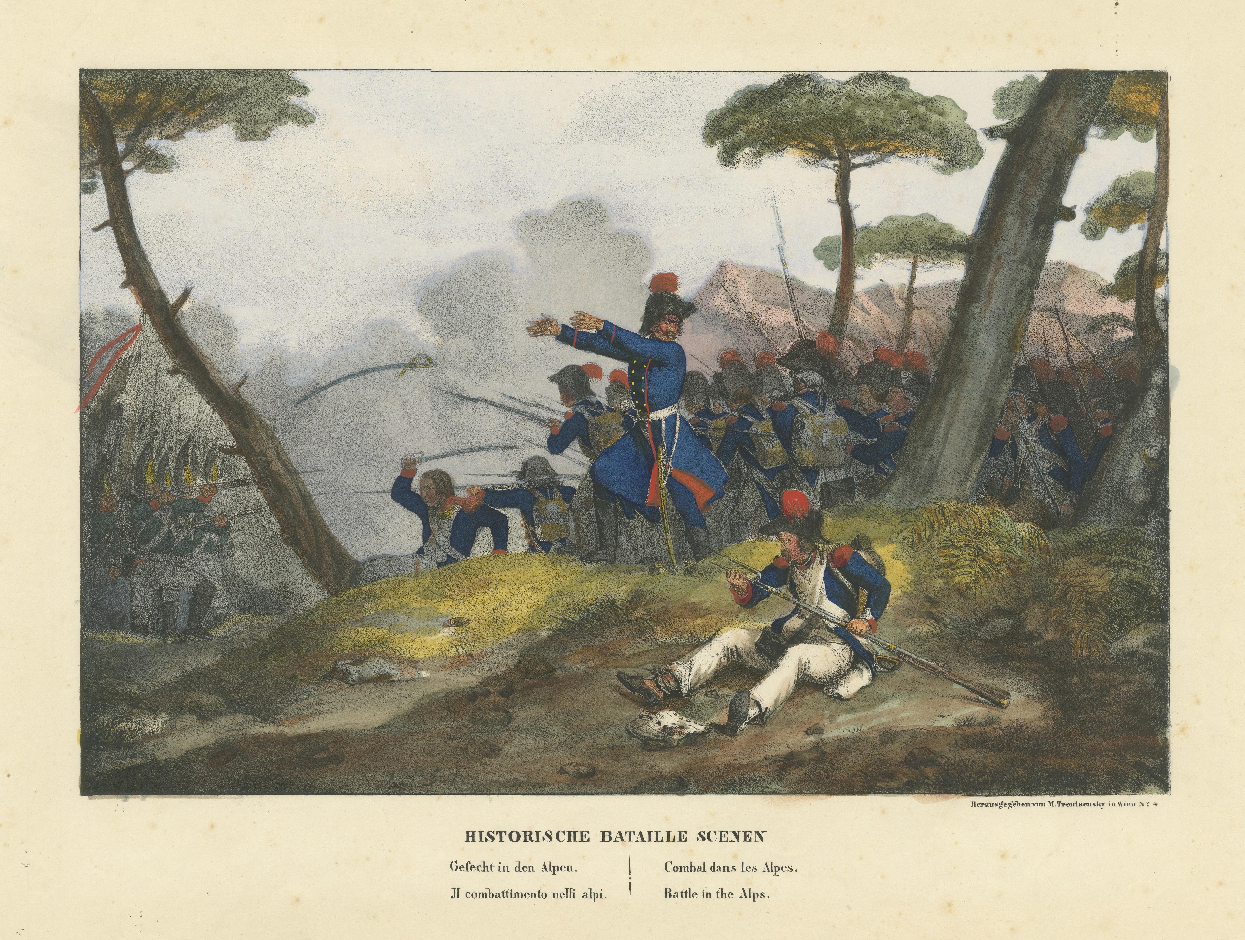 Stampa antica originale di Guerra in montagna: L'incontro alpino del 1834, c.1834 In condizioni buone in vendita a Langweer, NL