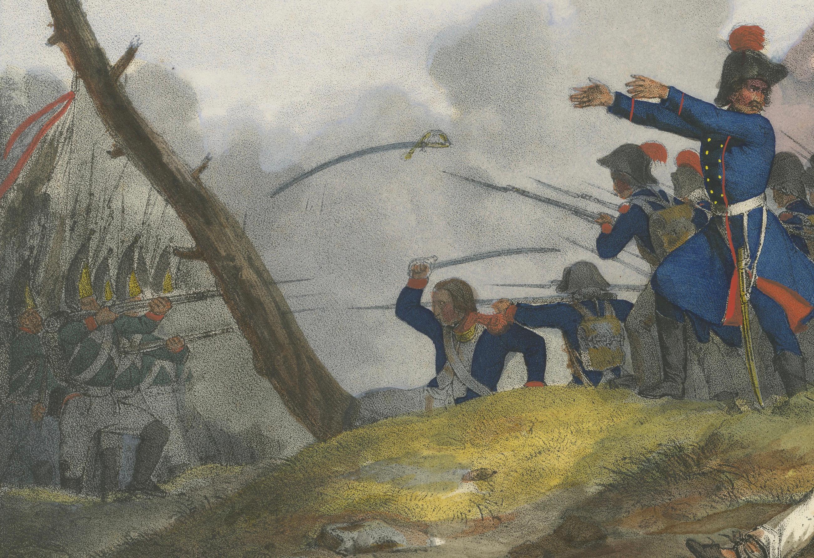 Paper Original Antique Print of Mountain Warfare: The 1834 Alpine Encounter, c.1834 For Sale