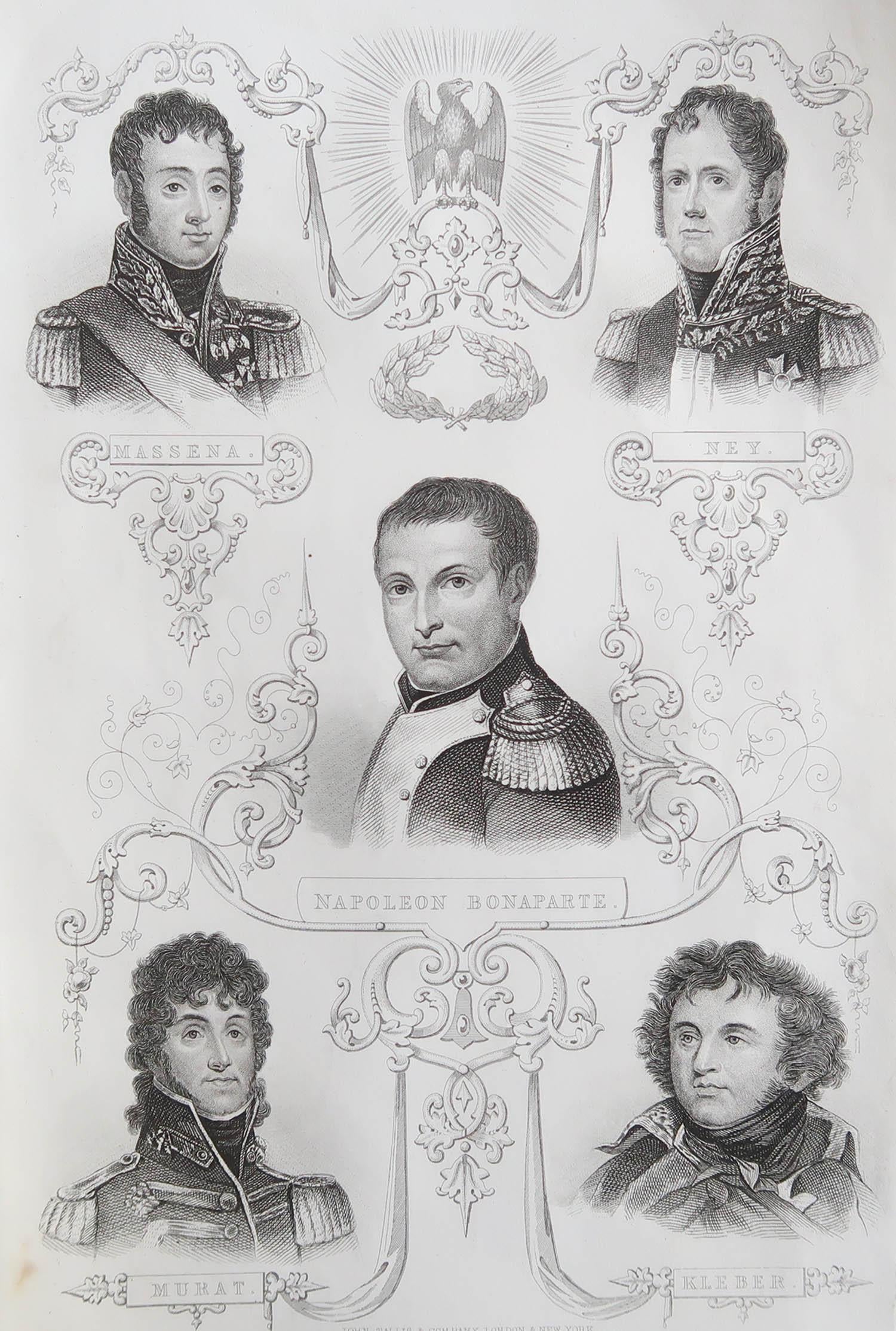 Great image of Napoleon Bonaparte and his generals

Fine steel engraving 

Published by Tallis circa 1850

Unframed.