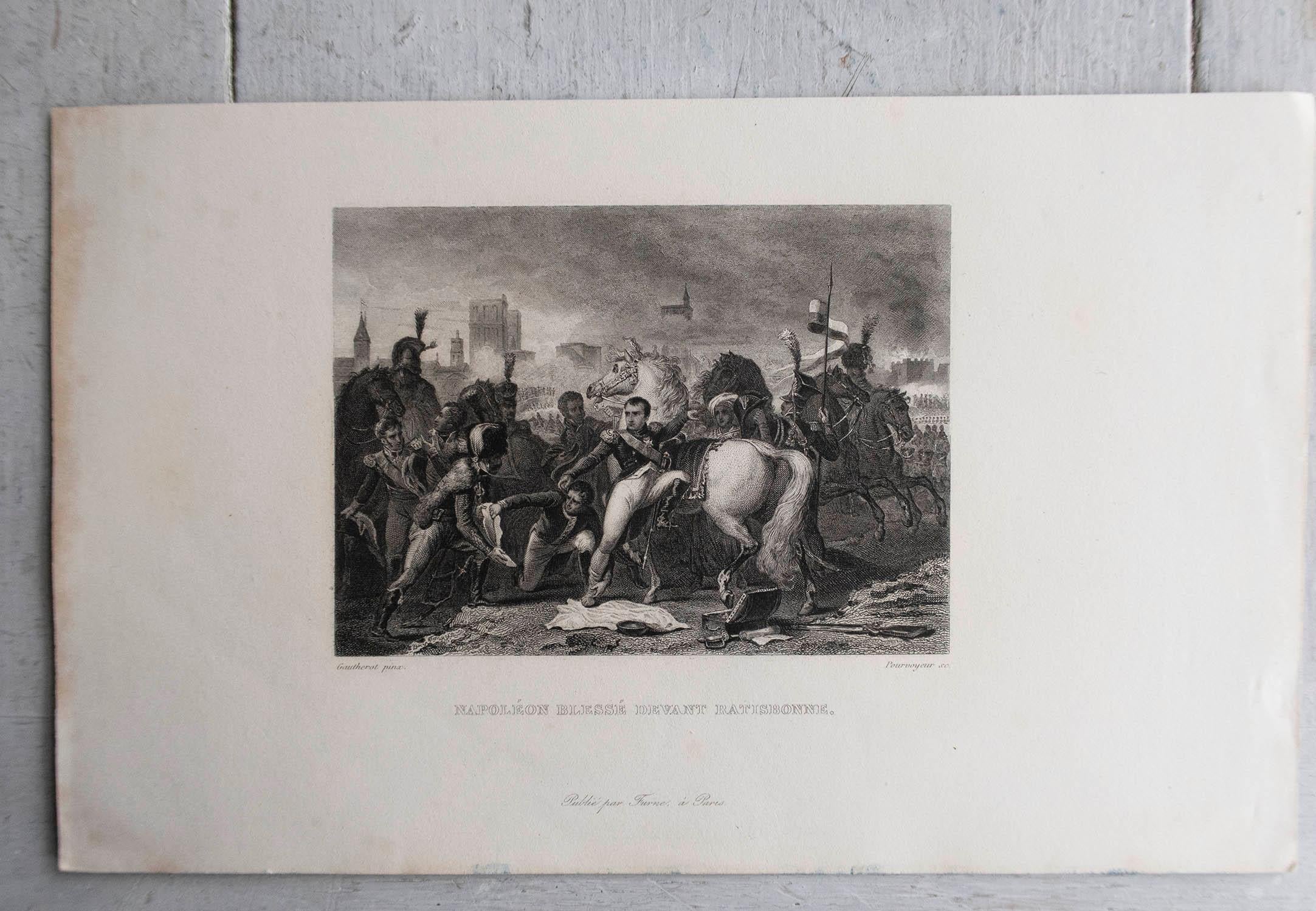 English Original Antique Print of Napoleon Bonaparte - Ratisbon. Circa 1850