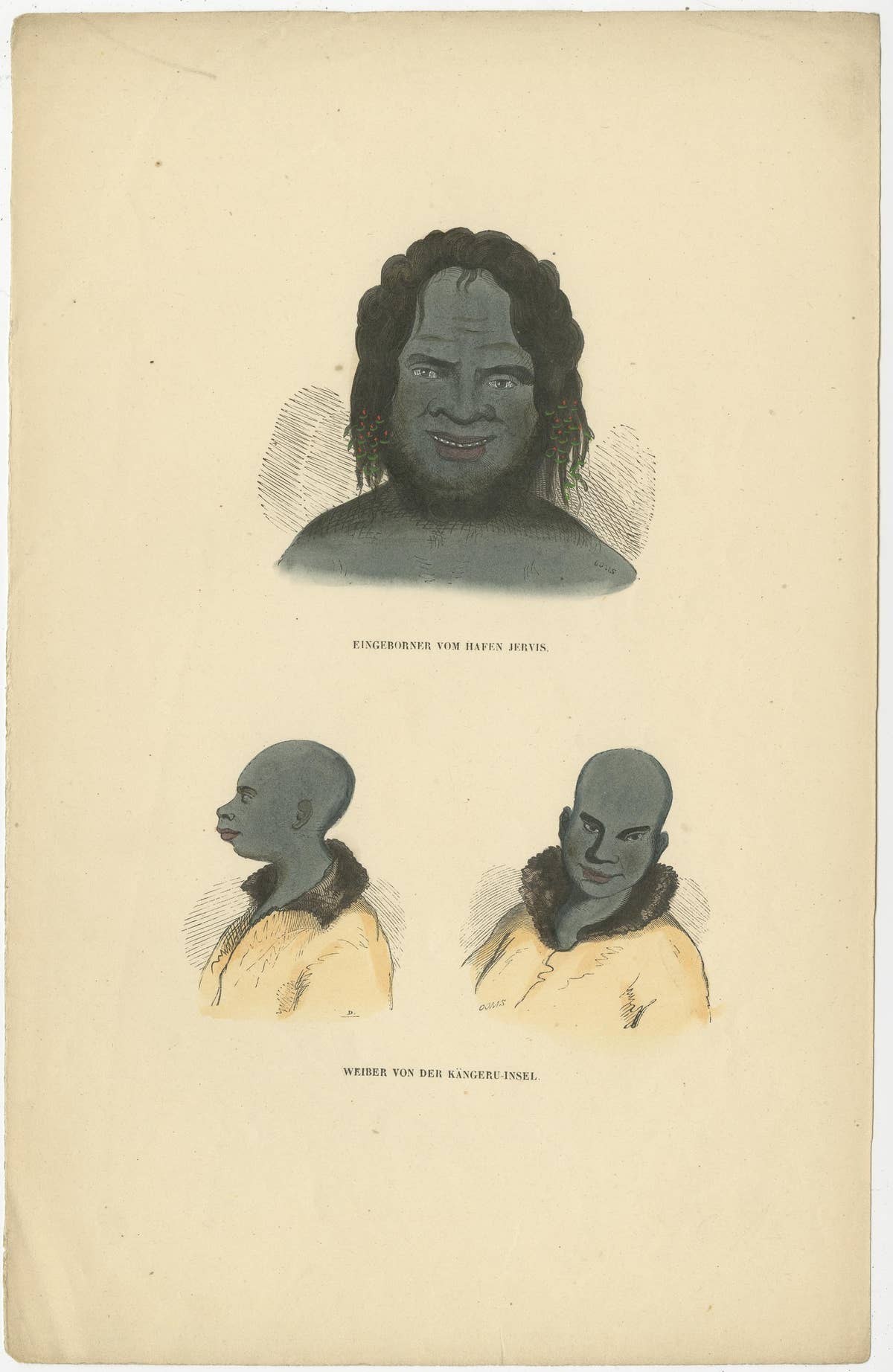 Original Antique Print of Natives from Jervis & Kangaroo Island, Australia, 1845