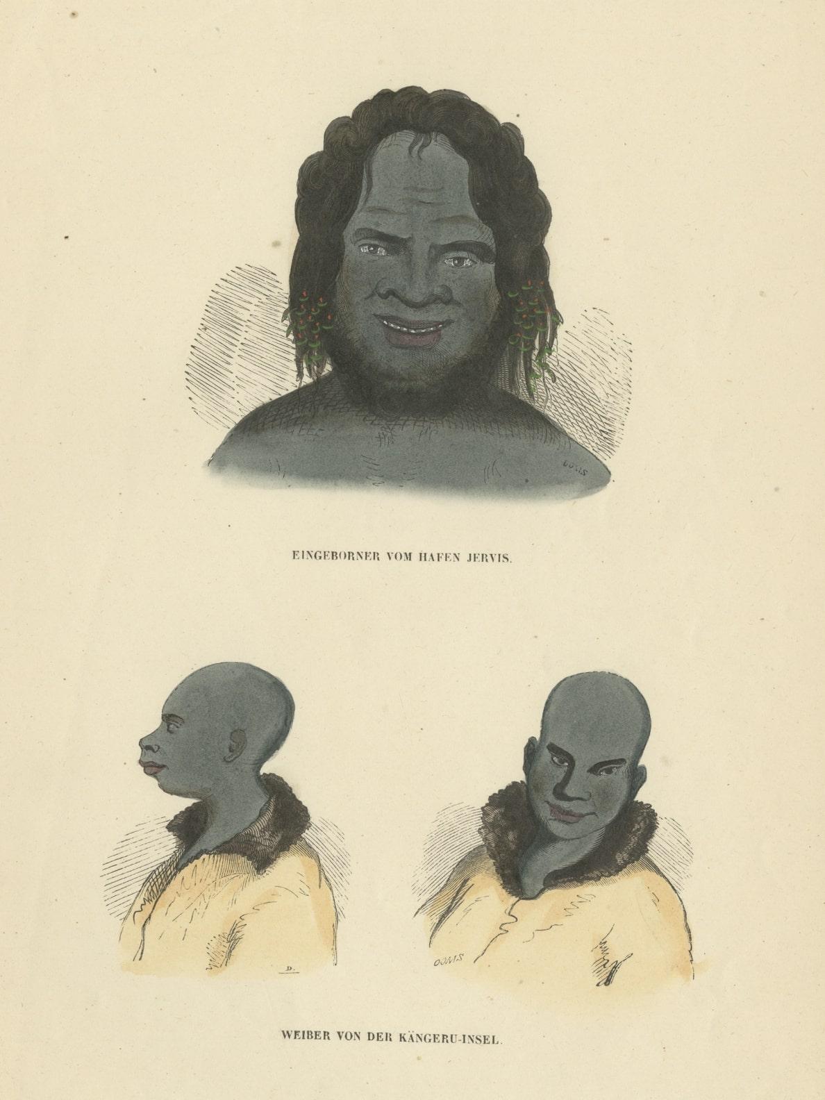 Original Antique Print of Natives from Jervis & Kangaroo Island, Australia, 1845 In Good Condition For Sale In Langweer, NL