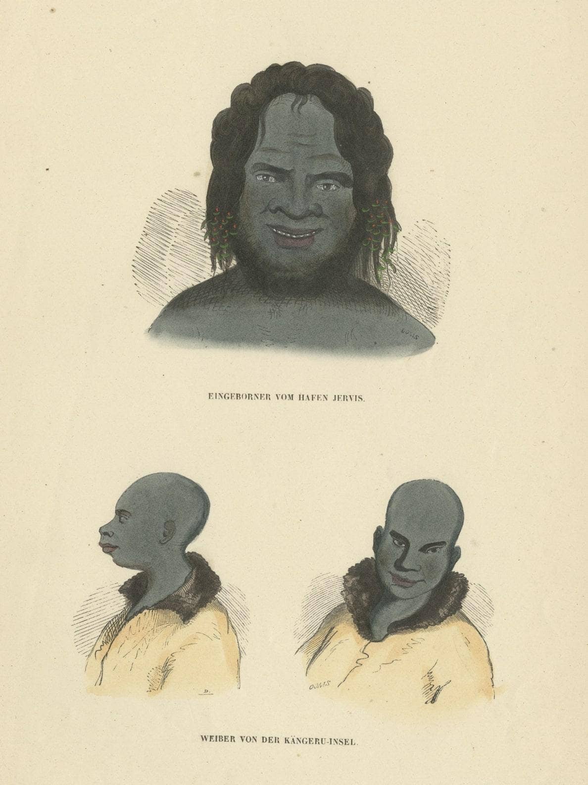 Original Antique Print of Natives from Jervis & Kangaroo Island, Australia, 1845