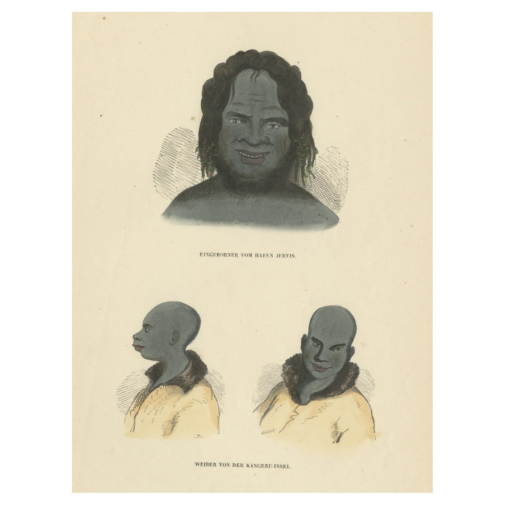 Impression ancienne originale d'Amérindiens de l'île de Jérusalem et du Kangourou, Australie, 1845