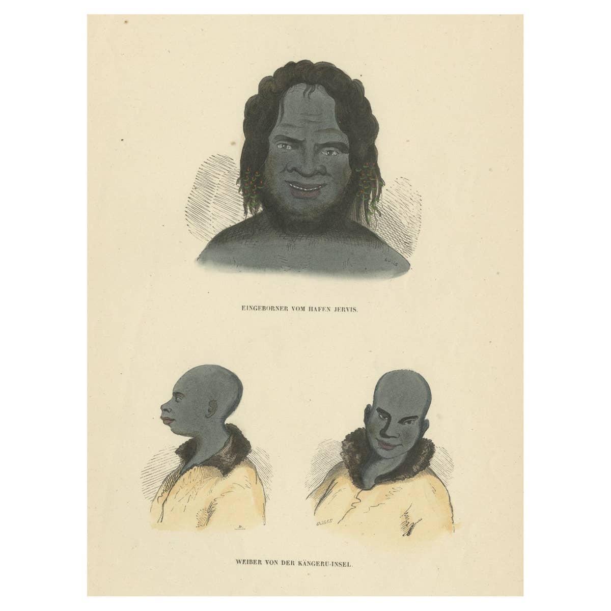 Original Antique Print of Natives from Jervis & Kangaroo Island, Australia, 1845