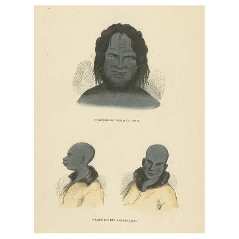 Original Antique Print of Natives from Jervis & Kangaroo Island, Australia, 1845