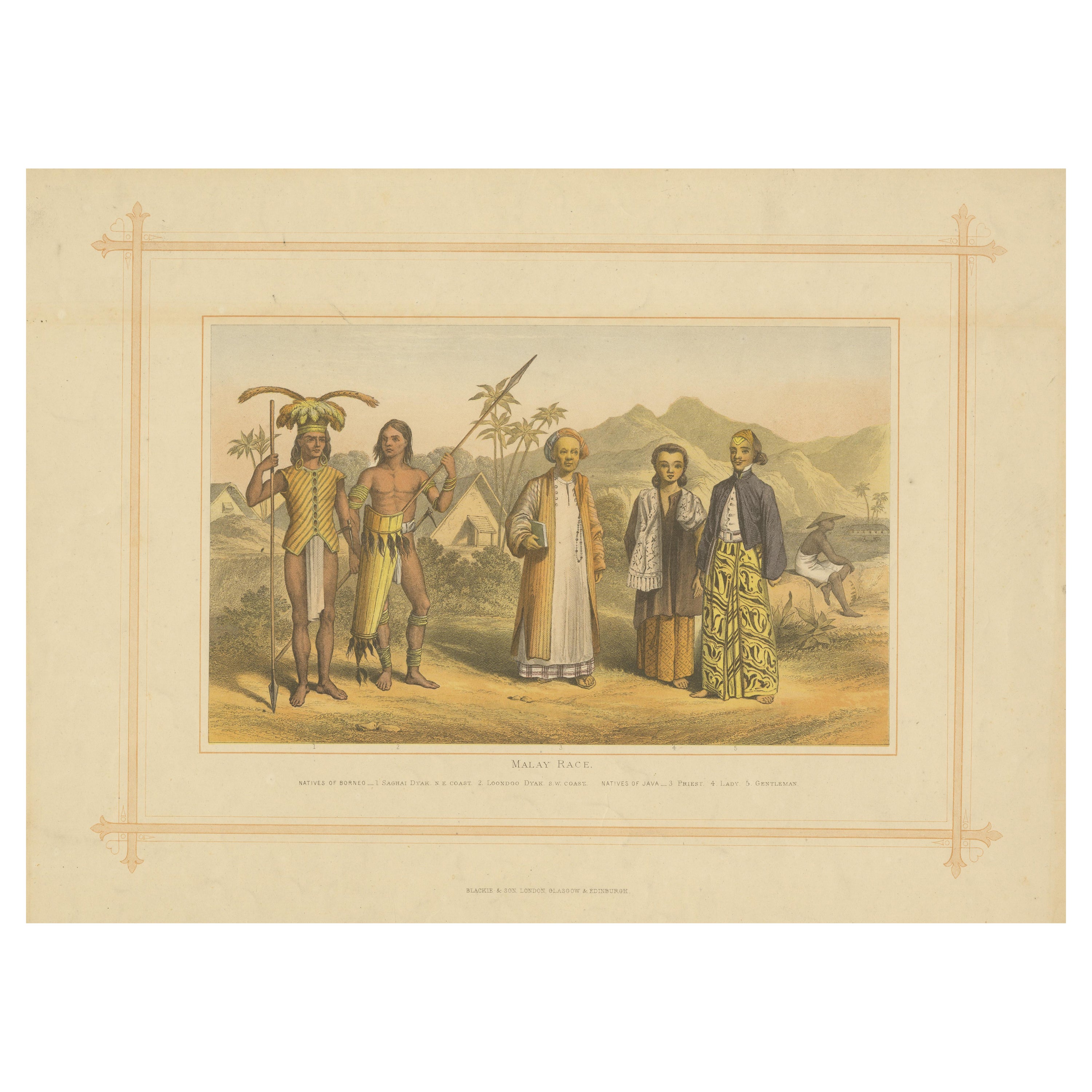 Original Antiker Druck der Indonesischen Ureinwohner mit dem Titel Malay Race, 1882