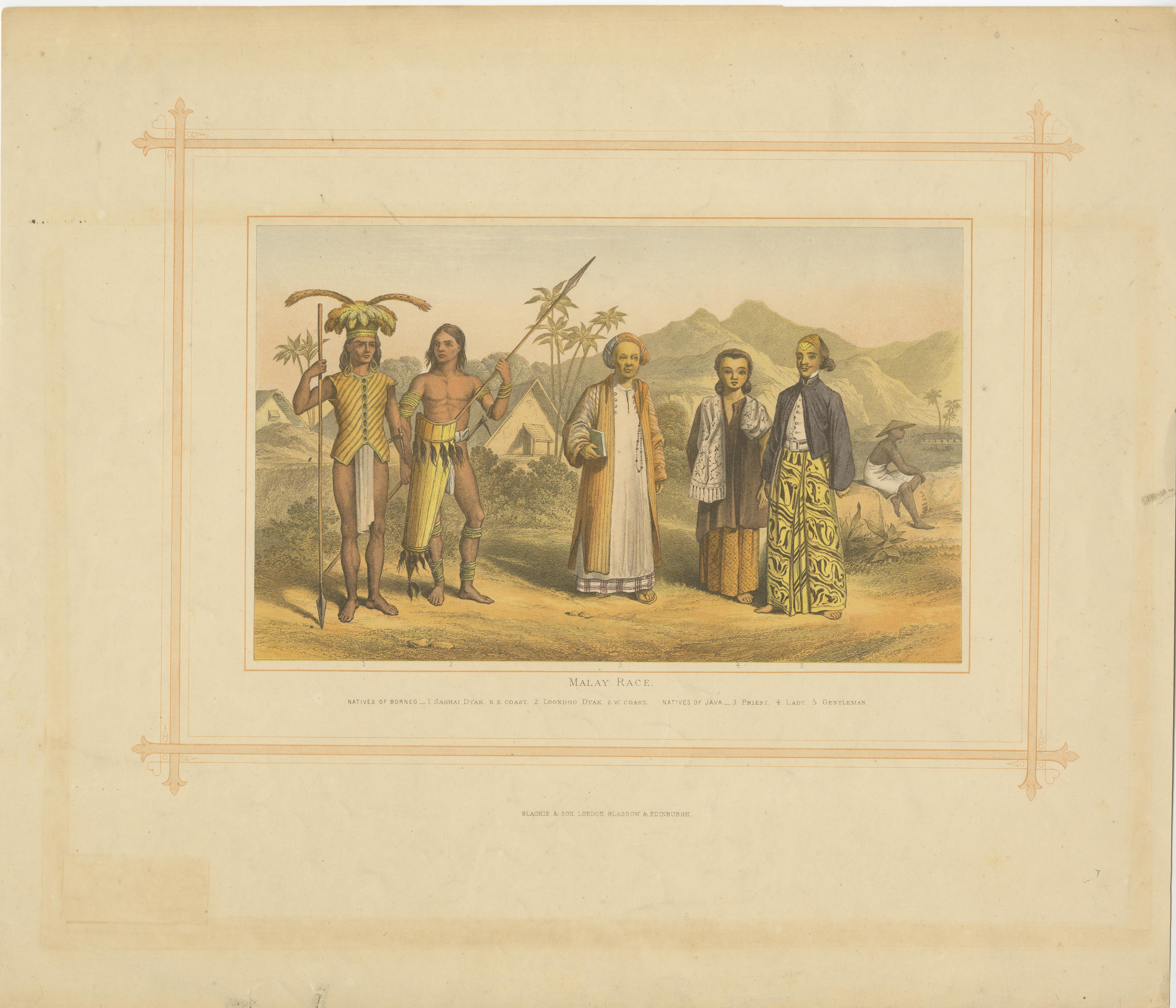 Antique print titled 'Malay Race'. Original old print of natives of Borneo: 1. Saghai Dyak. N.E. Coast. 2. Loondoo Dyak. S.W. Coast. Natives of Java: 3. priest. 4th Lady. 5th Gentleman. This print originates from 'The Comprehensive Atlas & Geography
