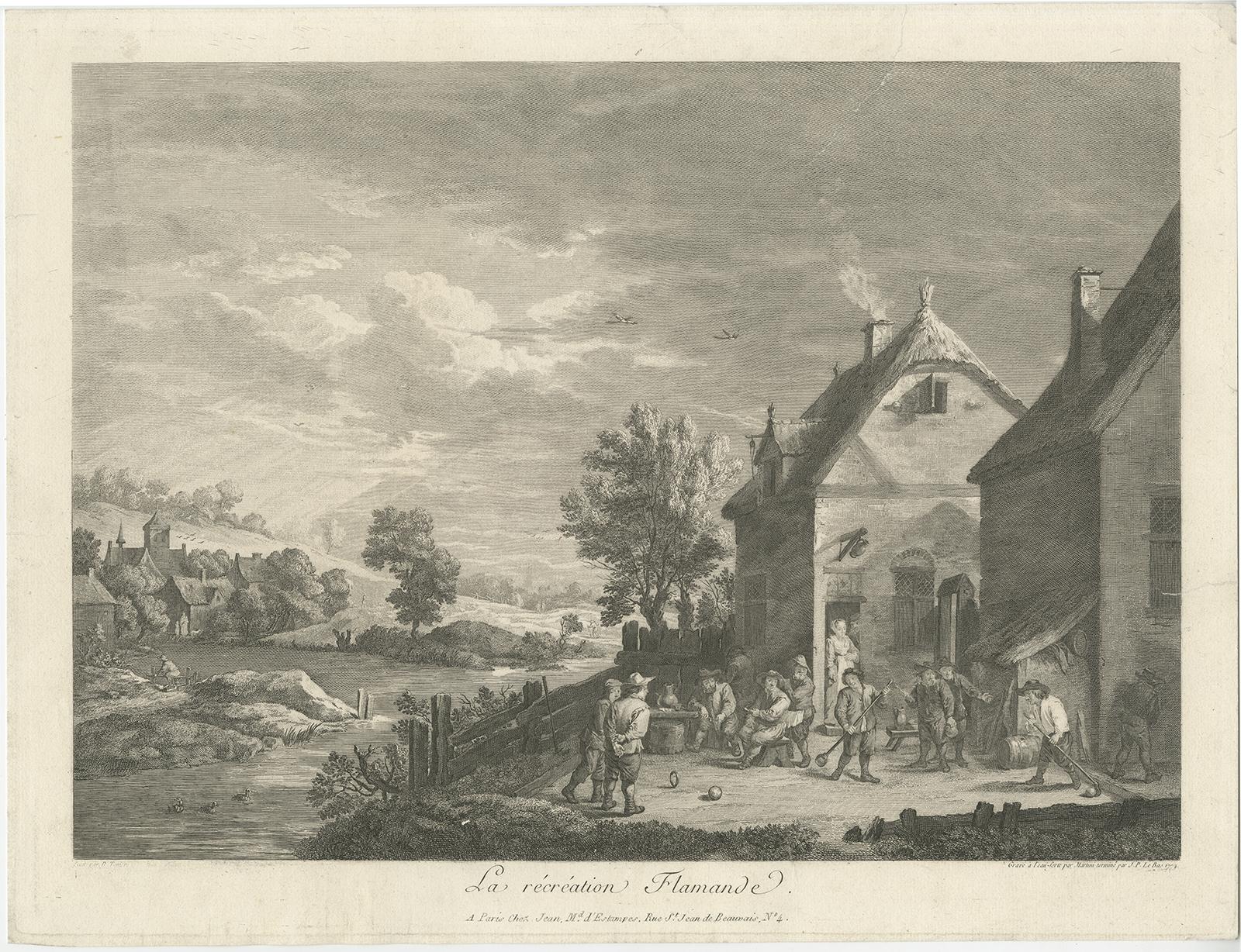 Antique print titled 'La récréation Flamande'. 

Original antique print of people playing games in Flanders, Belgium. Published 1774.

Artists and Engravers: Engraved by Martini after Teniers.

Condition: Fair/good, general age-related toning.