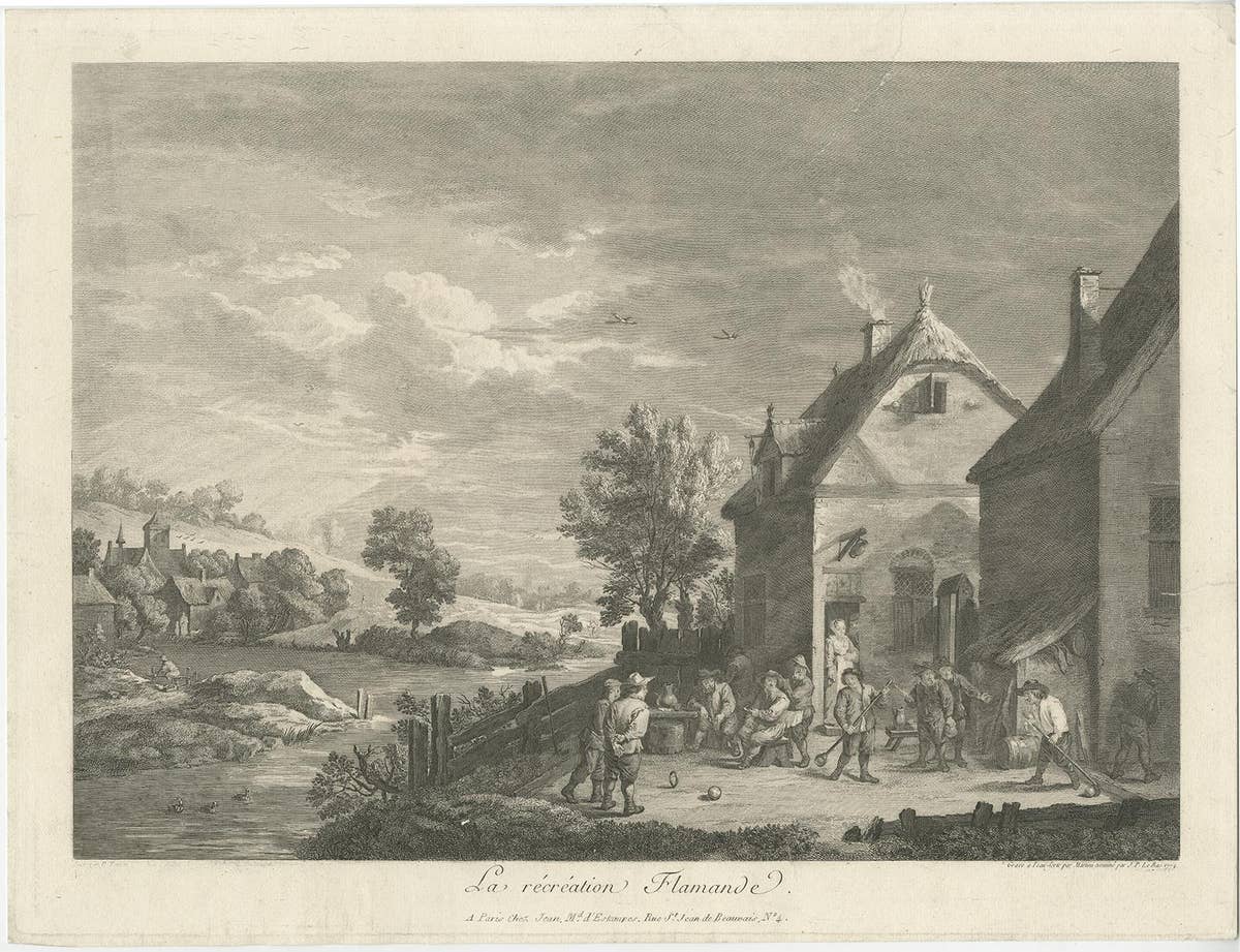 Original Antique Print of People Playing Games in Flanders, Belgium, 1774