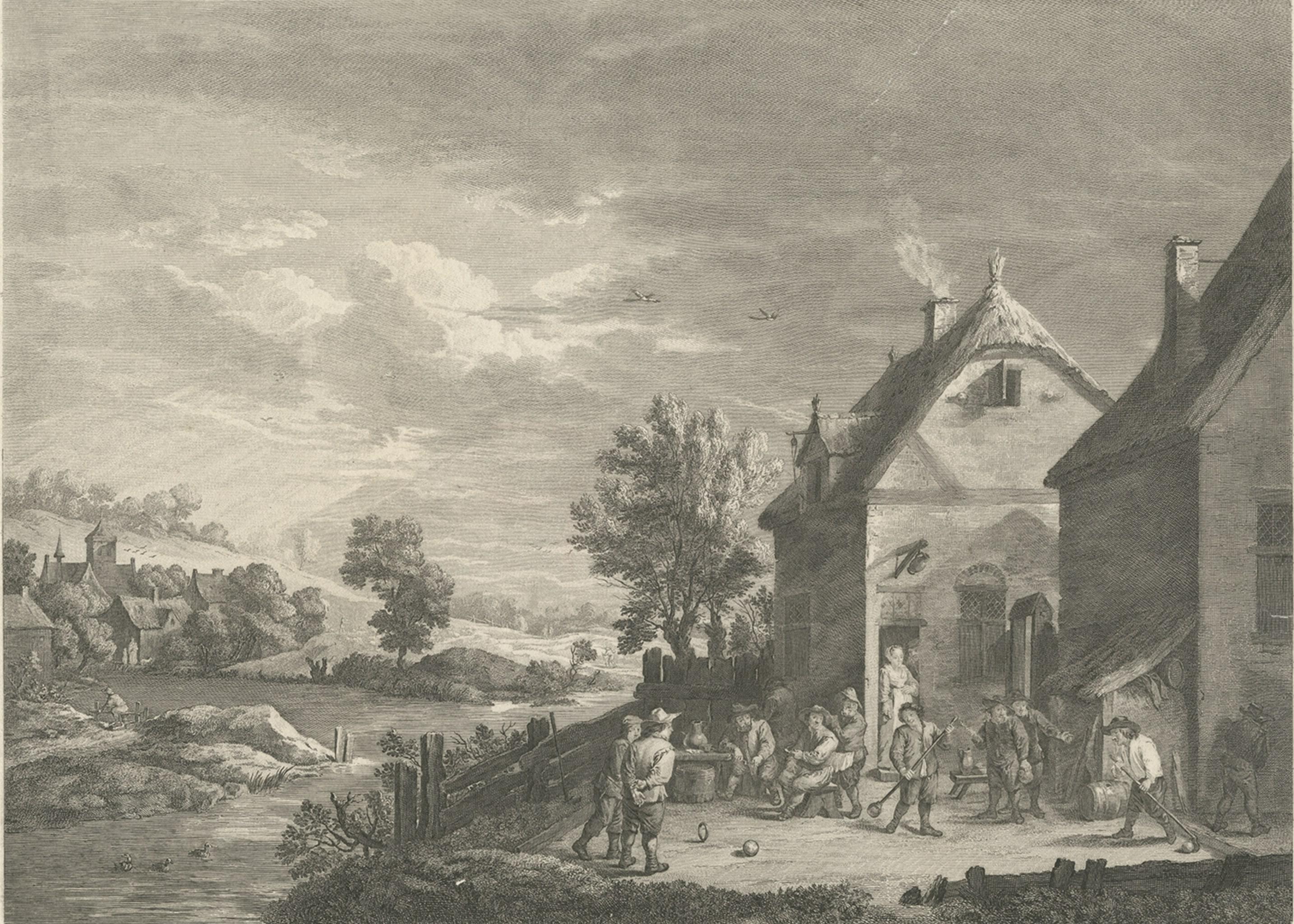 Original antiker Originaldruck von spielenden Menschen in Flandern, Belgien, 1774 im Zustand „Gut“ im Angebot in Langweer, NL