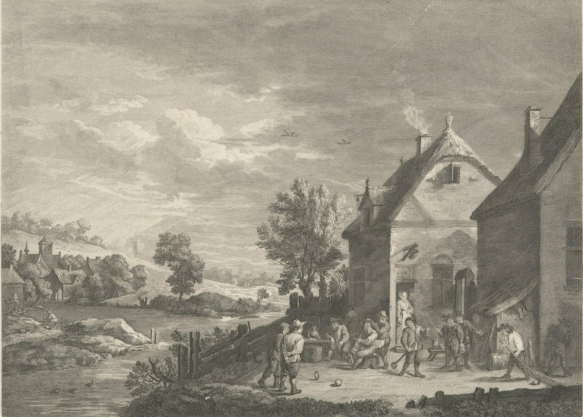 Original Antique Print of People Playing Games in Flanders, Belgium, 1774