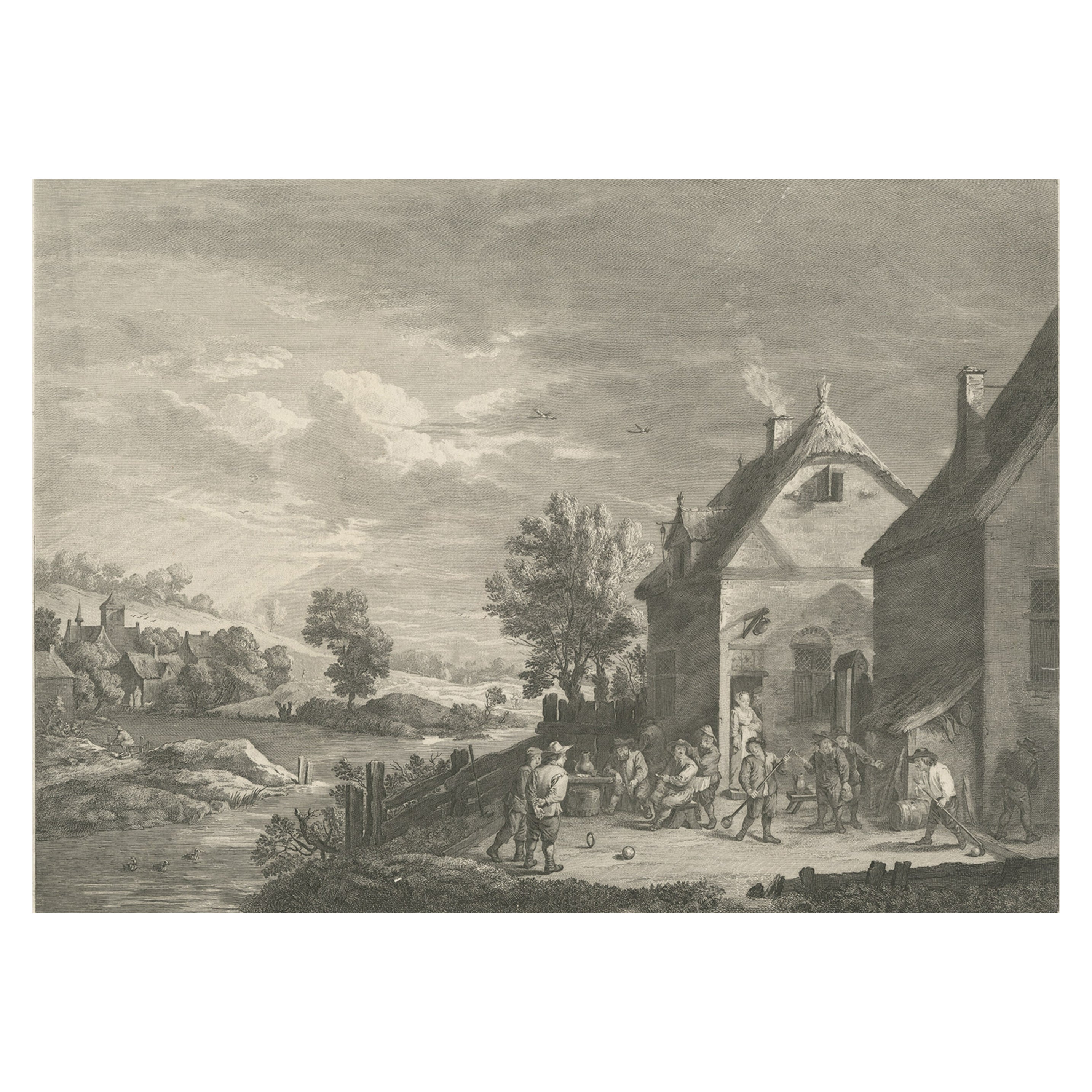 Original antiker Originaldruck von spielenden Menschen in Flandern, Belgien, 1774 im Angebot