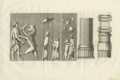 Original Antique Print of Persepolis Reliefs, Vessels and Column Capital, 1780