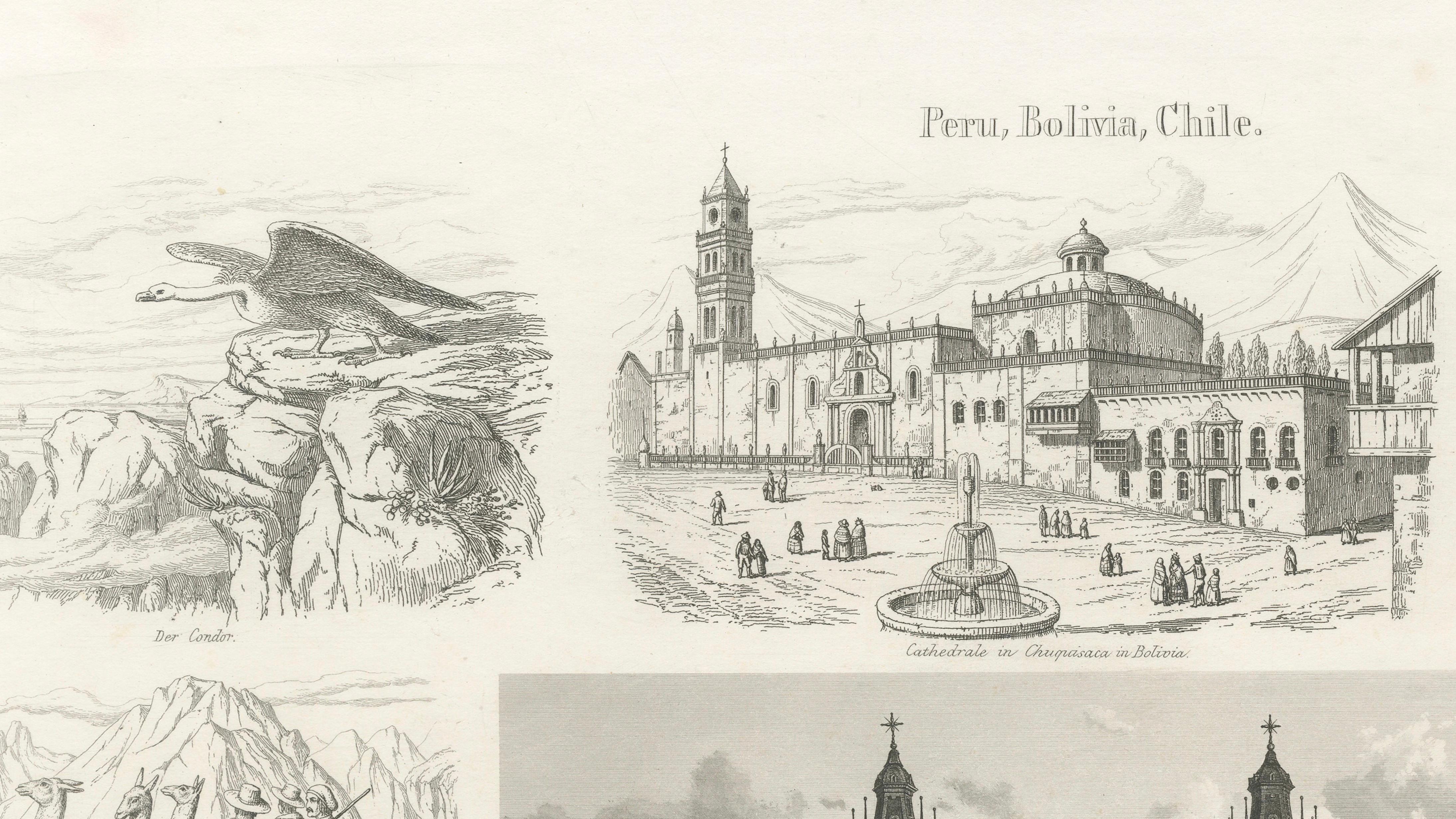 Original Antique Print of Peru, Bolivia & Chile – Lima Cathedral and Views, 1855
