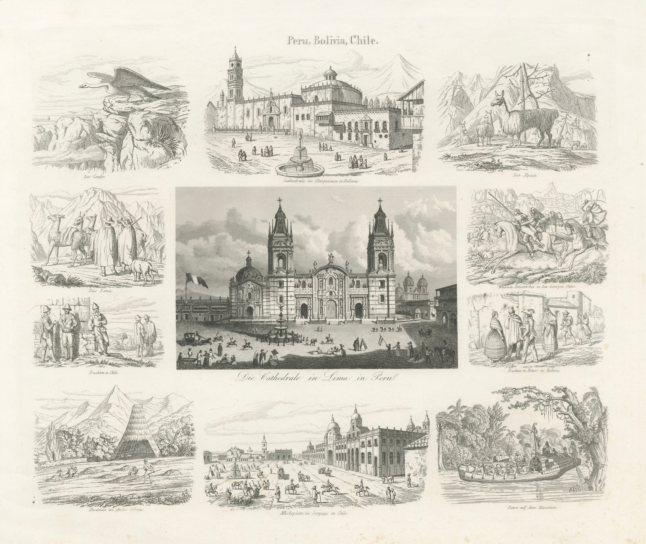 Original Antique Print of Peru, Bolivia & Chile – Lima Cathedral and Views, 1855