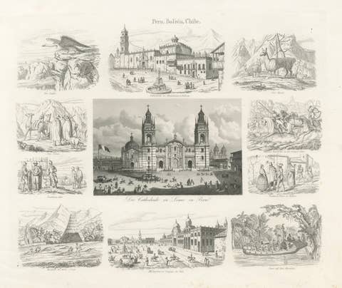 Original Antique Print of Peru, Bolivia & Chile – Lima Cathedral and Views, 1855