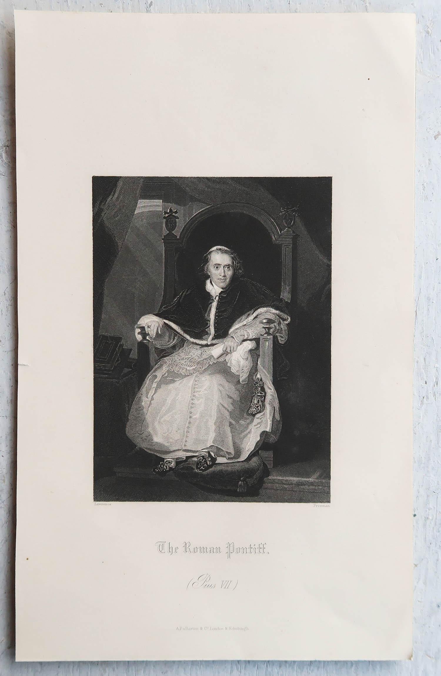 English Original Antique Print of Pope Pius VII After Lawrence. C.1850 For Sale