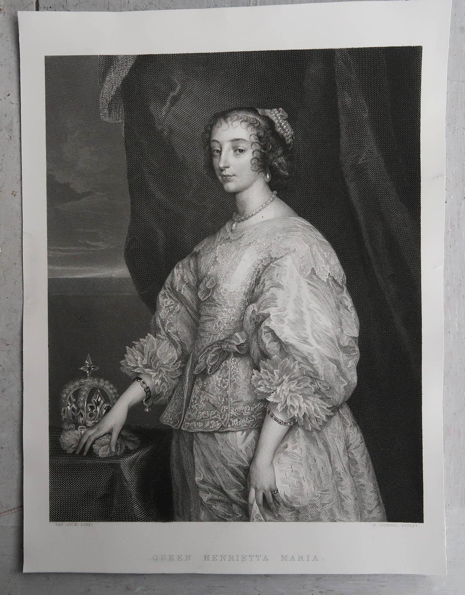 Renaissance Impression ancienne originale de la reine Henrietta Maria d'après Van Dyck. C.1850 en vente