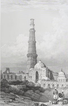 Original Antique Print of Qutb Minar, Delhi, India. Dated 1832