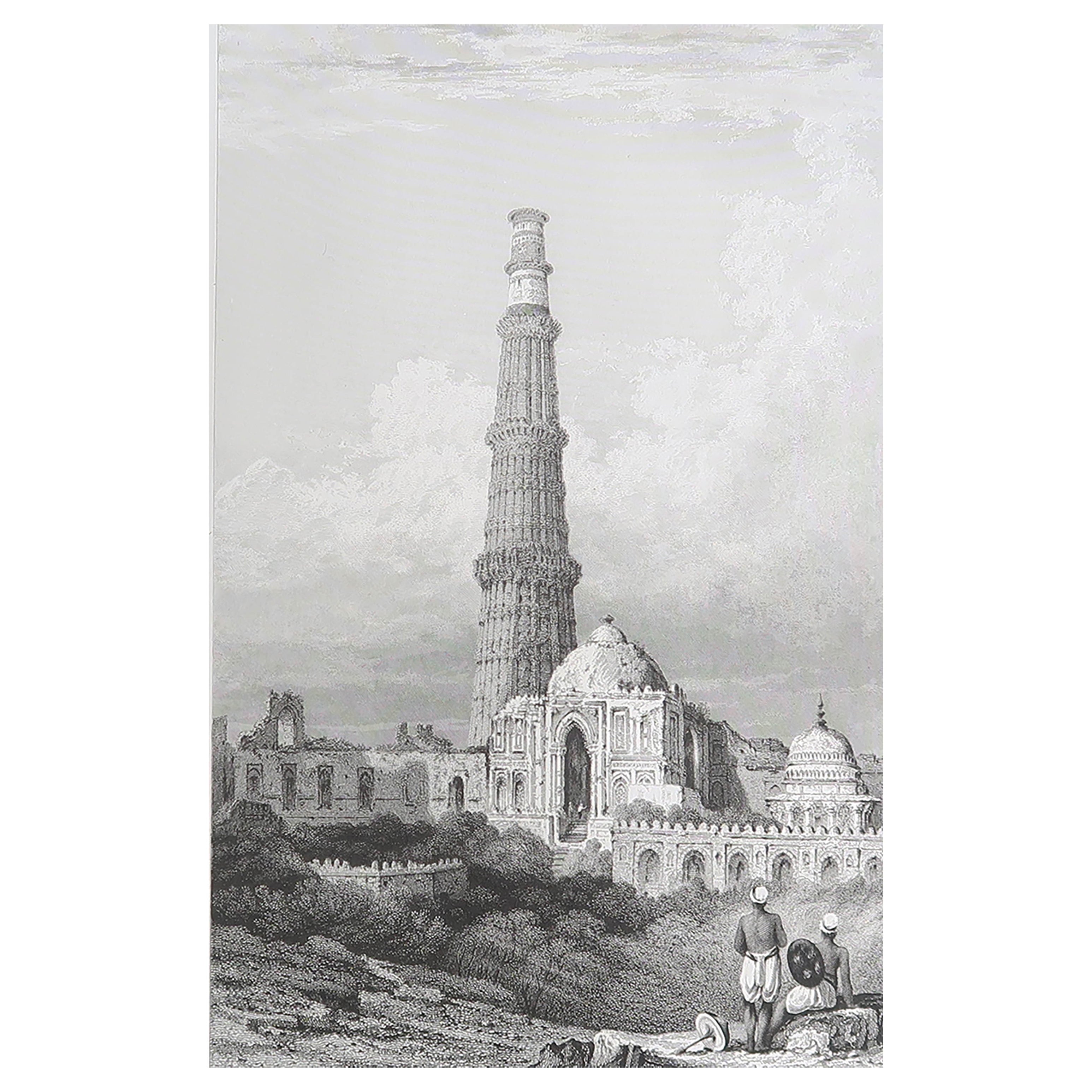 Original Antique Print of Qutb Minar, Delhi, India. Dated 1832 in vendita