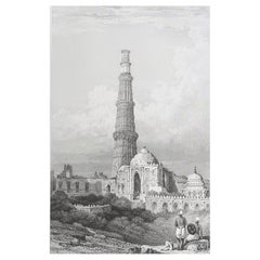 Original Antique Print of Qutb Minar, Delhi, India. Dated 1832