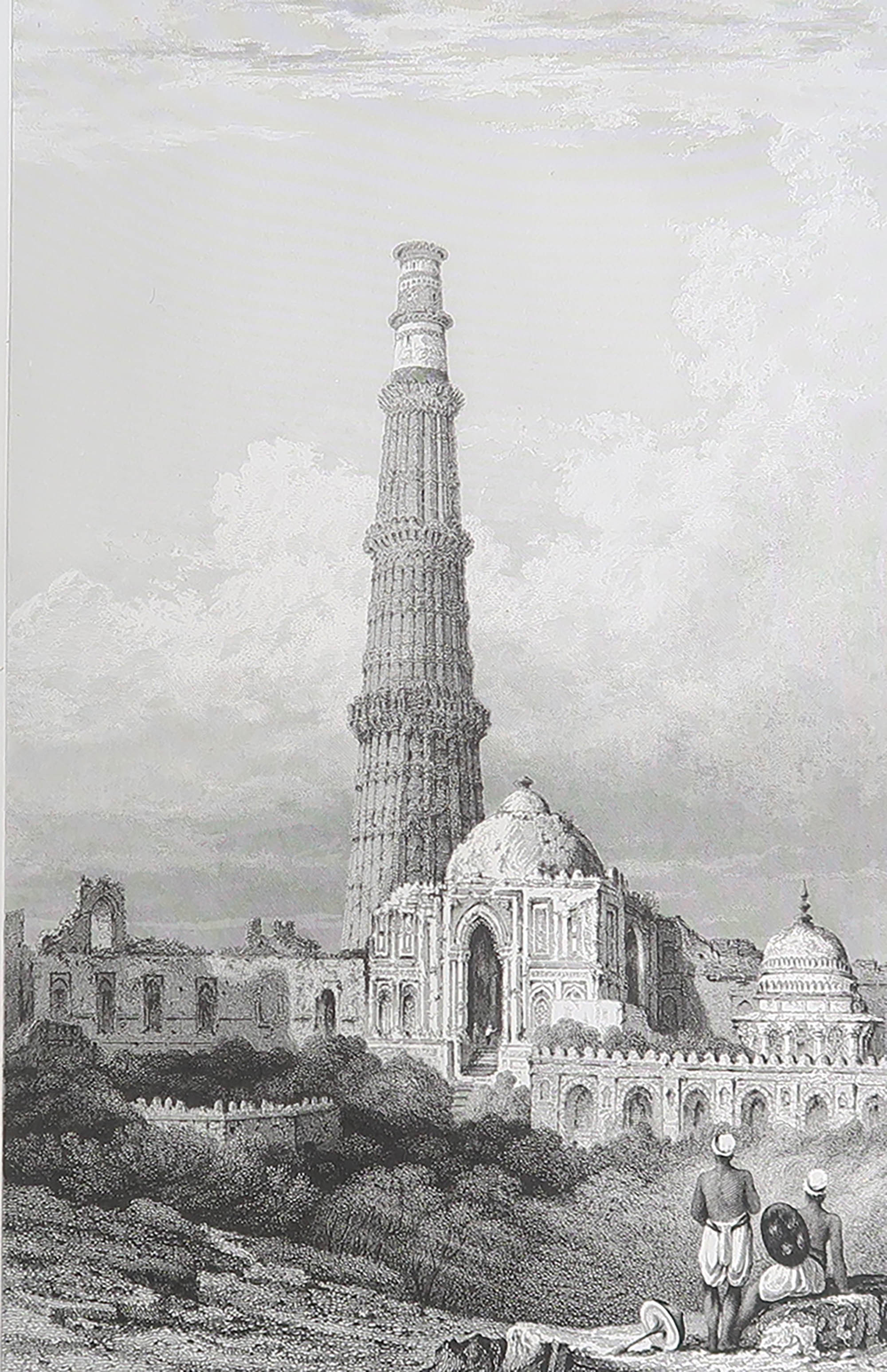 Original Antique Print of Qutb Minar, Delhi, India. Dated 1832