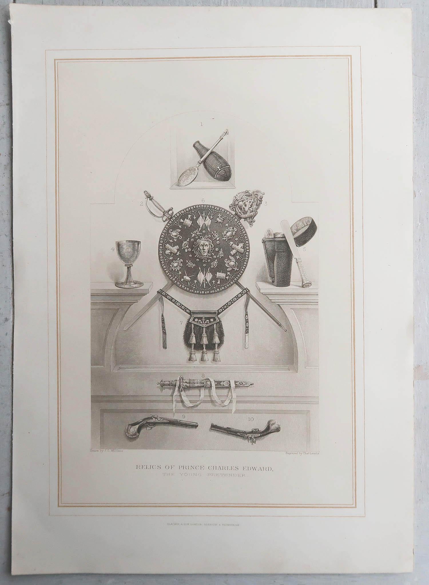 English Original Antique Print of Relics of Bonnie Prince Charlie. C.1880 For Sale