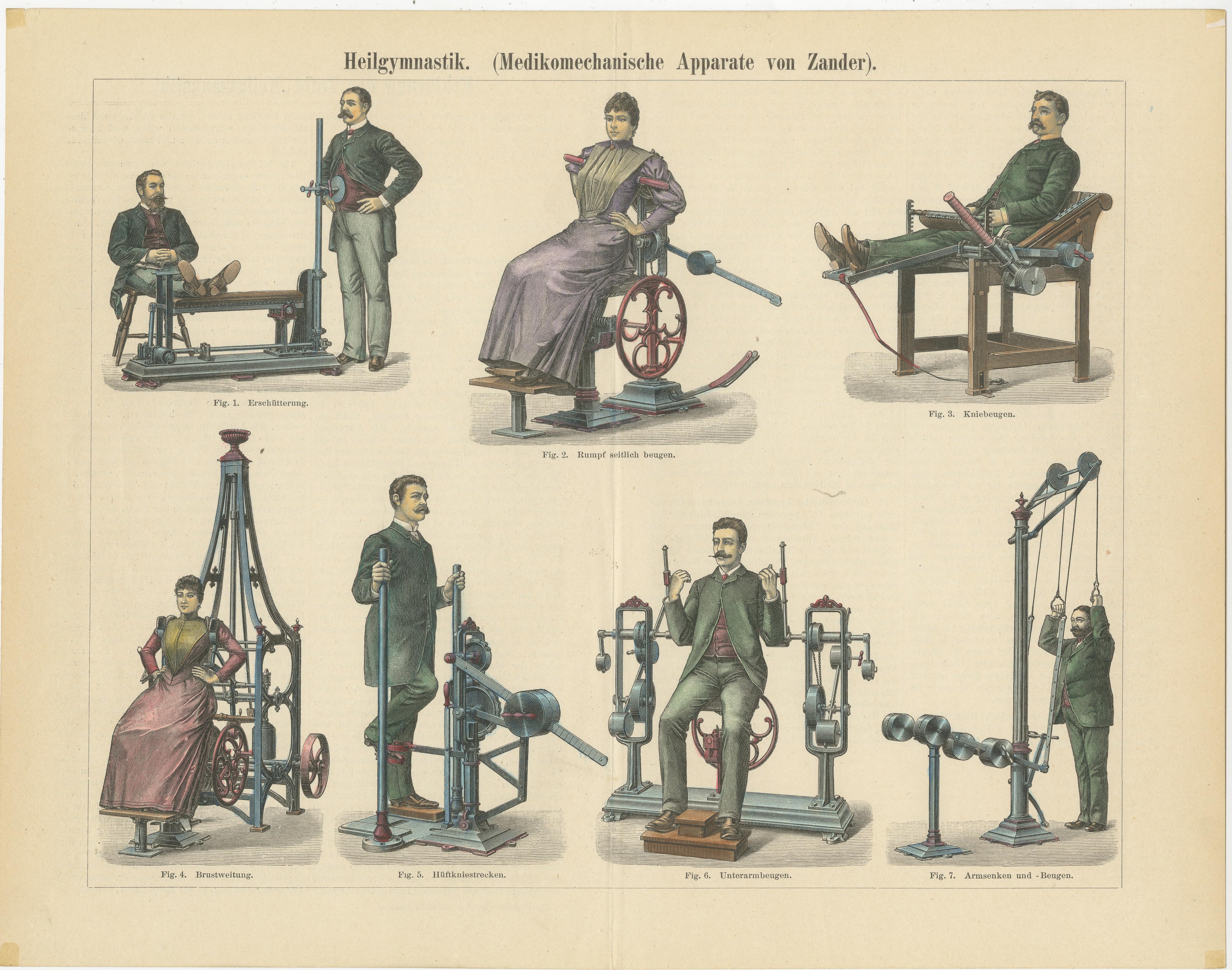Original Antique Print of Remedial Gymnastics or Fitness Equipment, 1897 In Good Condition For Sale In Langweer, NL
