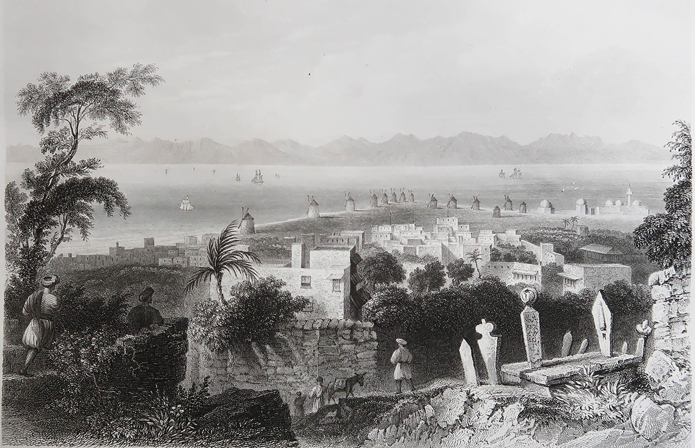 Wonderful image of Rhodes.

Fine steel engraving after W.H.Bartlett. 

Published by Fisher, London. Dated 1846.

Unframed.

