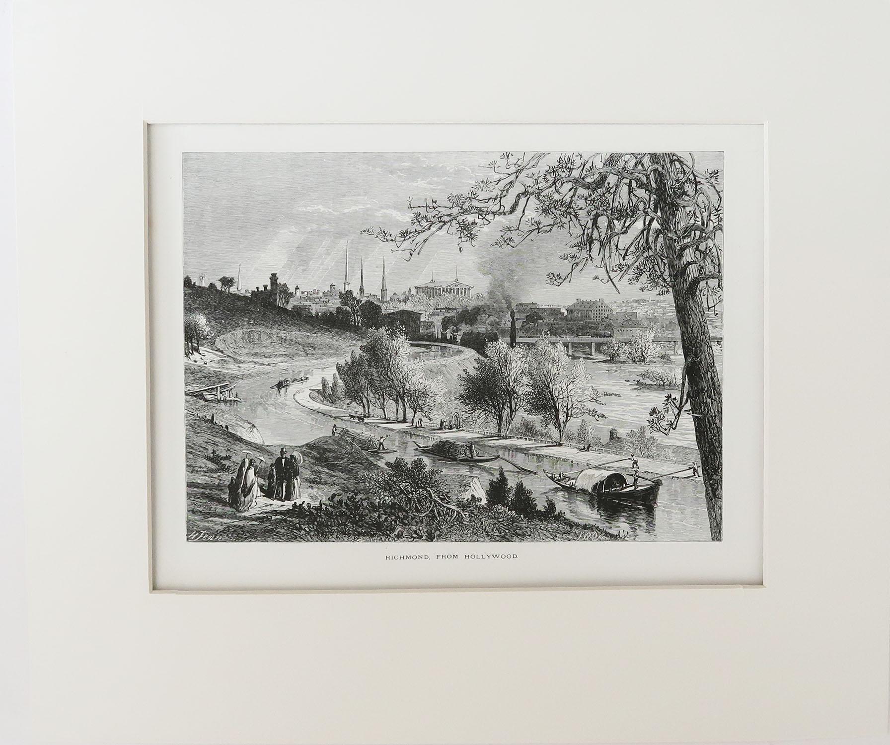 Great print of Richmond

Wood-cut engraving after the drawing by Harry Fenn

Published circa 1870

Matted or mounted in cream card

Unframed

The measurement below is the size of the card.
 