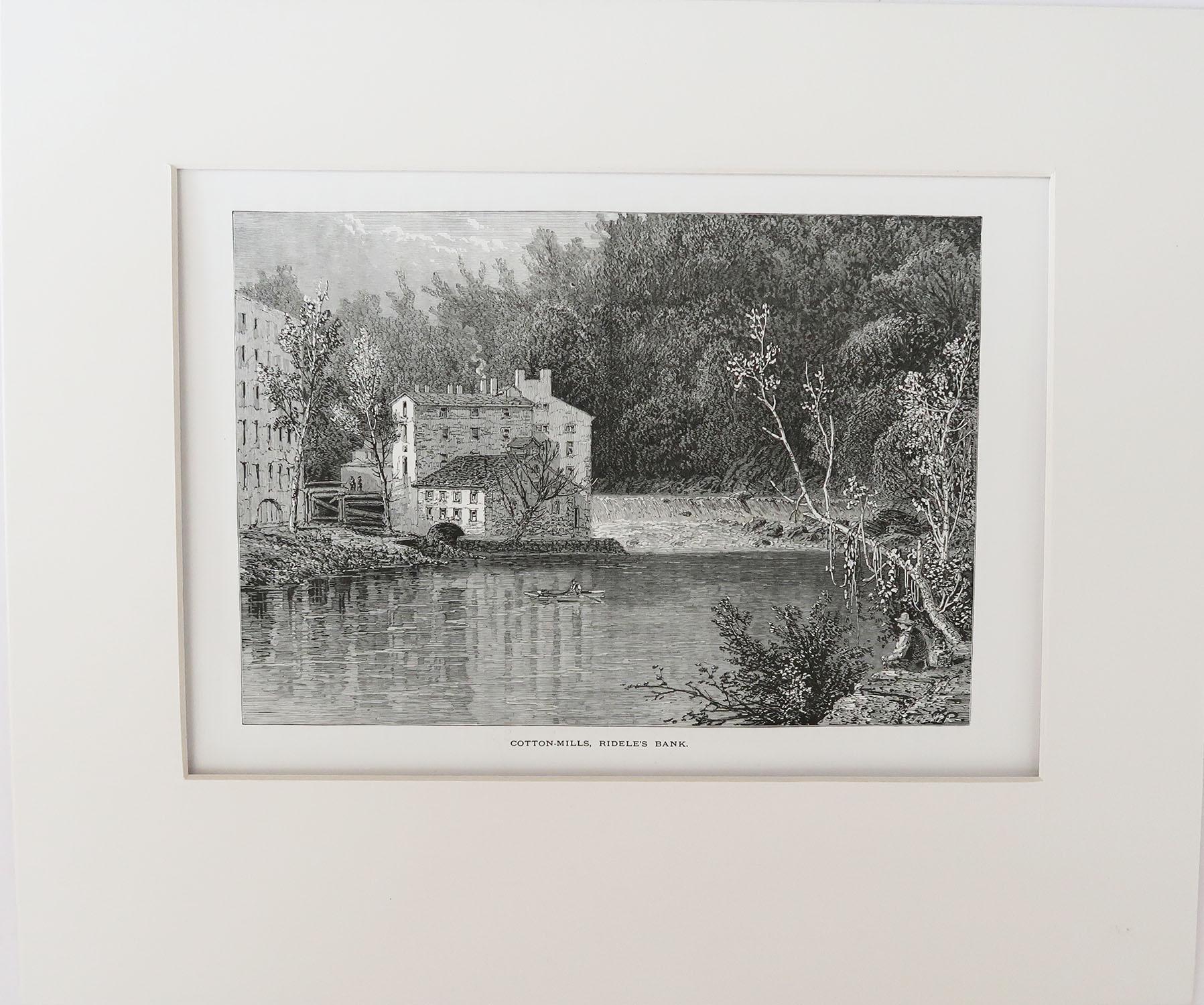 Great print of Rideles Bank Cotton Mills

Wood-cut engraving after the drawing by Harry Fenn

Published circa 1870

Matted or mounted in cream card

Unframed

The measurement below is the size of the card.
 