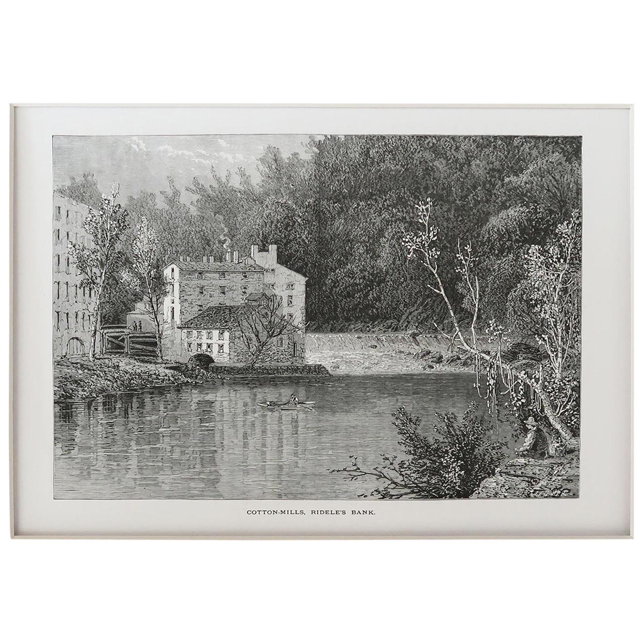 Original Antique Print of Ridele's Bank Cotton Mills, Pennsylvania, C.1870