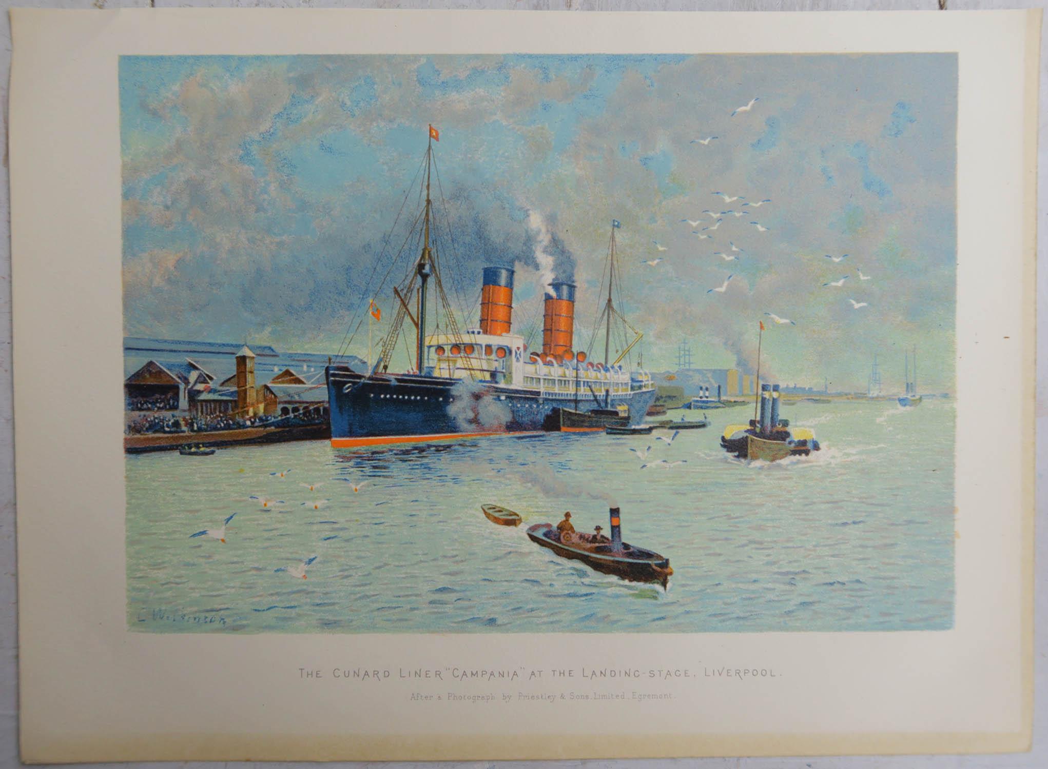 English Original Antique Print of R.M.S Campania 'Cunard Line', C.1890 For Sale