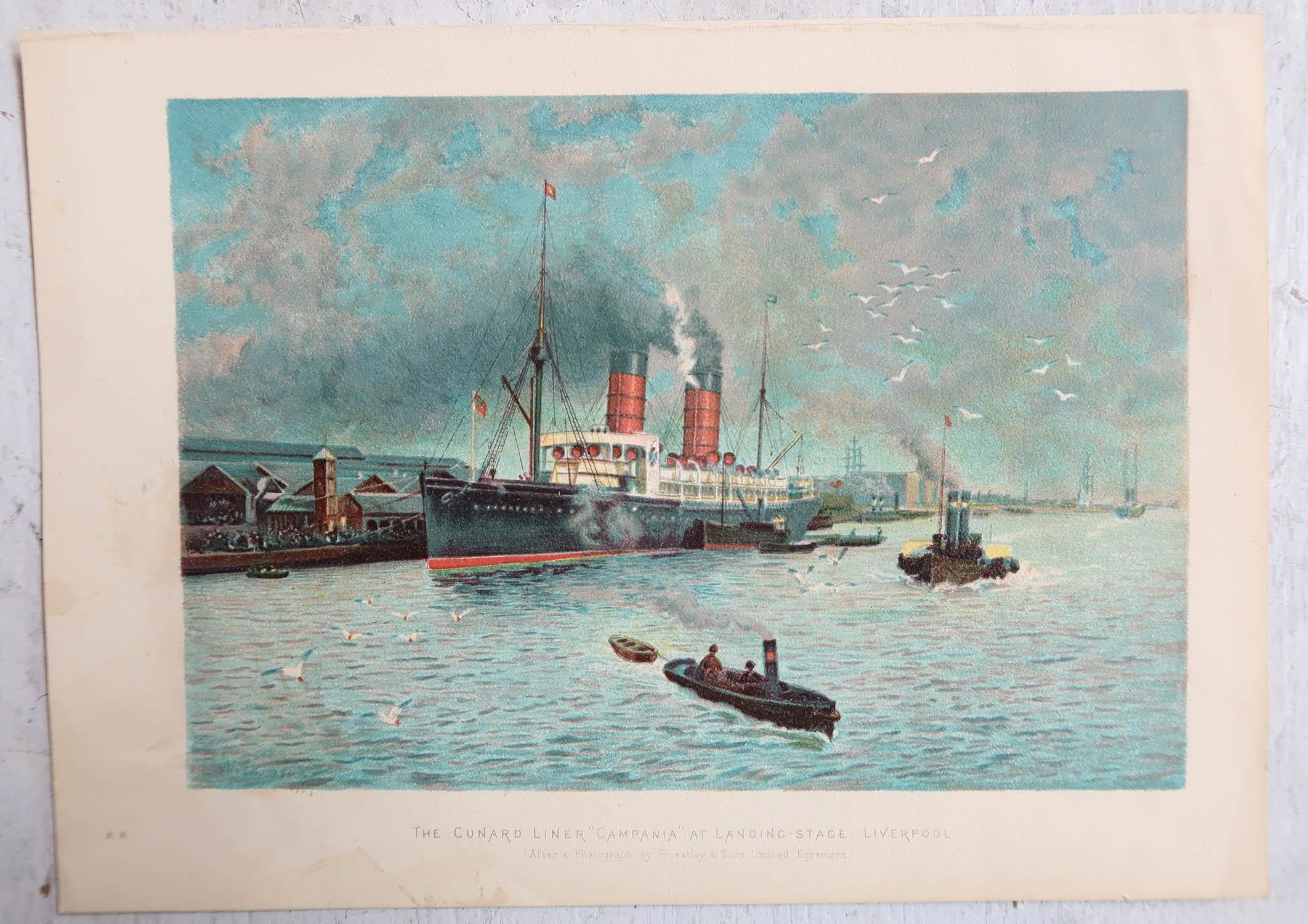 English Original Antique Print of R.M.S Campania 'Cunard Line', C.1890
