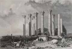 Original Antique Print of Roman Temple of Artemis, Jerash, Jordan, 1836
