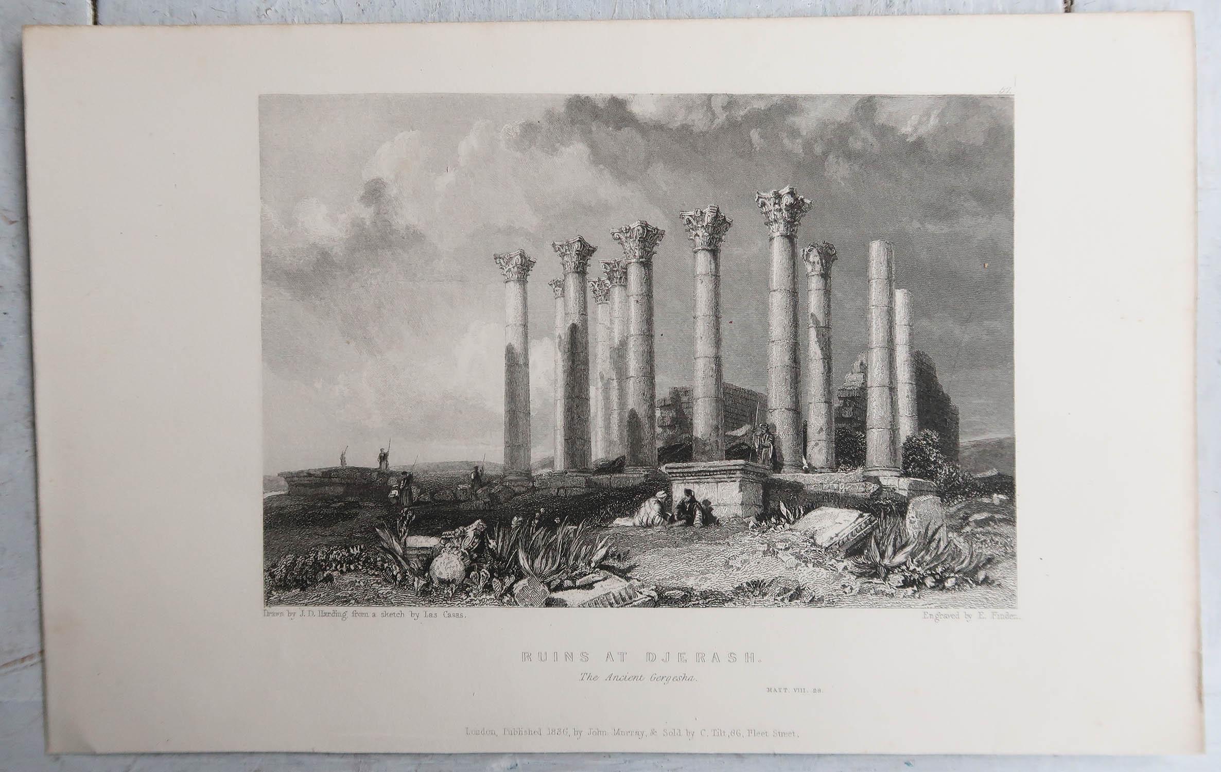 English Original Antique Print of Roman Temple of Artemis, Jerash, Jordan, 1836