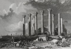 Original Antiker Druck des römischen Tempels von Artemis, Jerash, Jordanien, um 1840