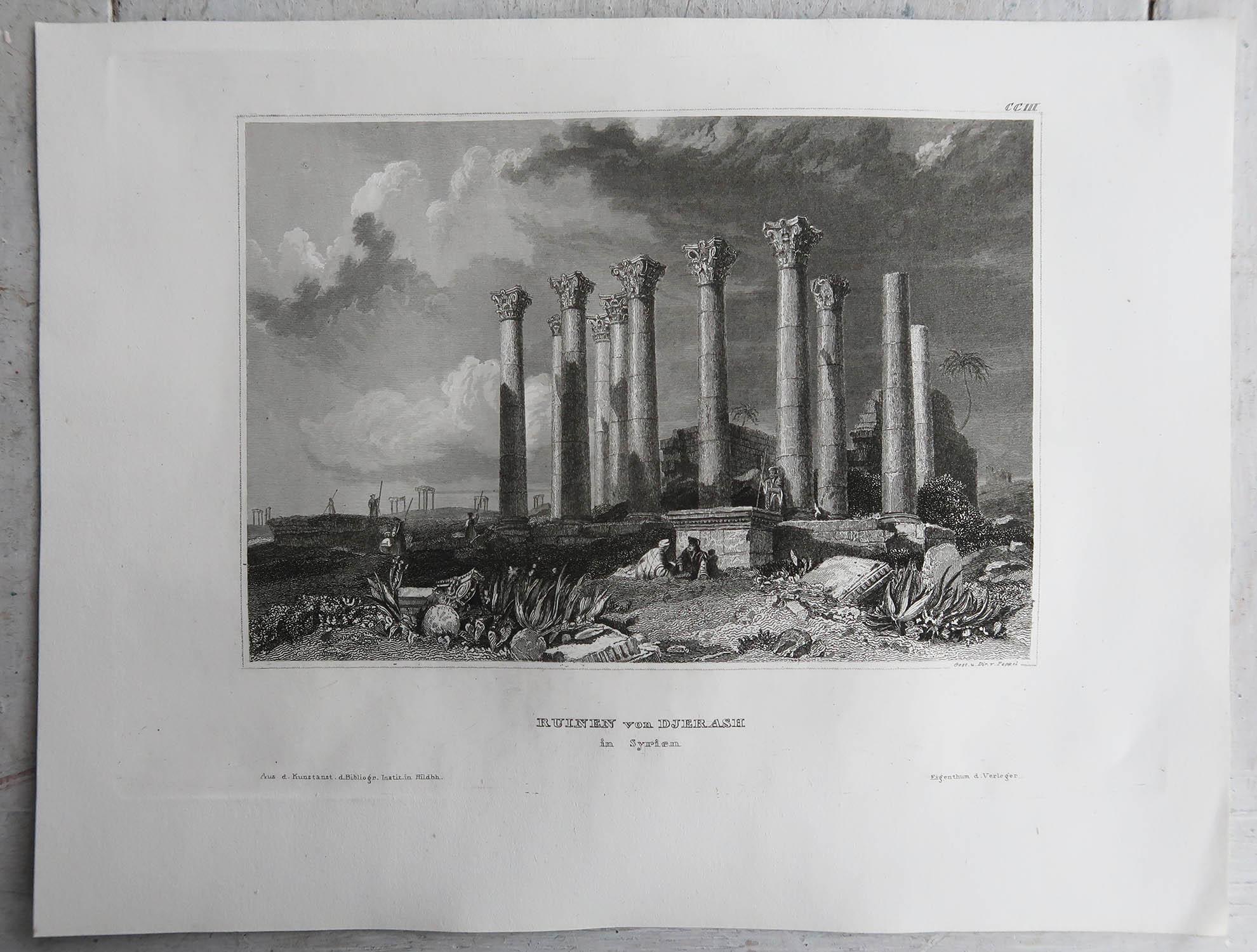 Classical Roman Original Antique Print of Roman Temple of Artemis, Jerash, Jordan, C.1840 For Sale