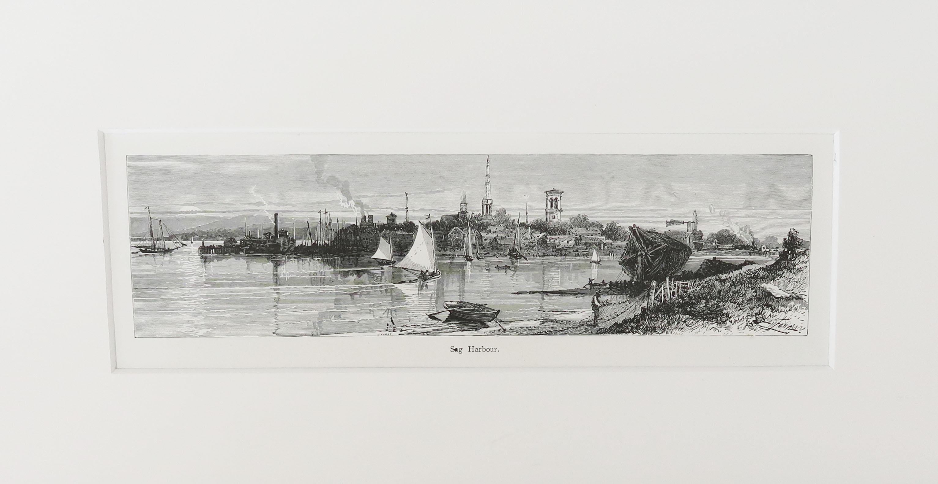 Great print of Sag Harbor

Wood-cut engraving after the drawing by Harry Fenn

Published circa 1870

Matted or mounted in cream card

Unframed

The measurement below is the size of the card.
 