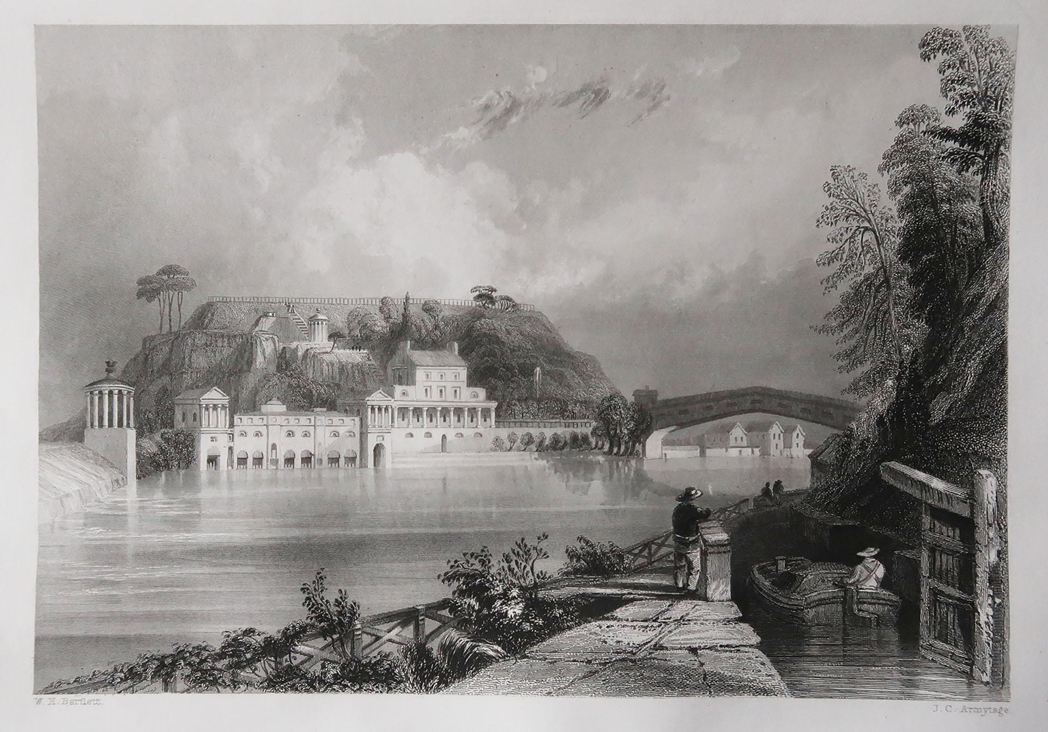 Great print of the Schuylkill waterworks, Philadelphia, Pennsylvania.

Fine steel engraving after Bartlett.

Published, circa 1850

Unframed.
 