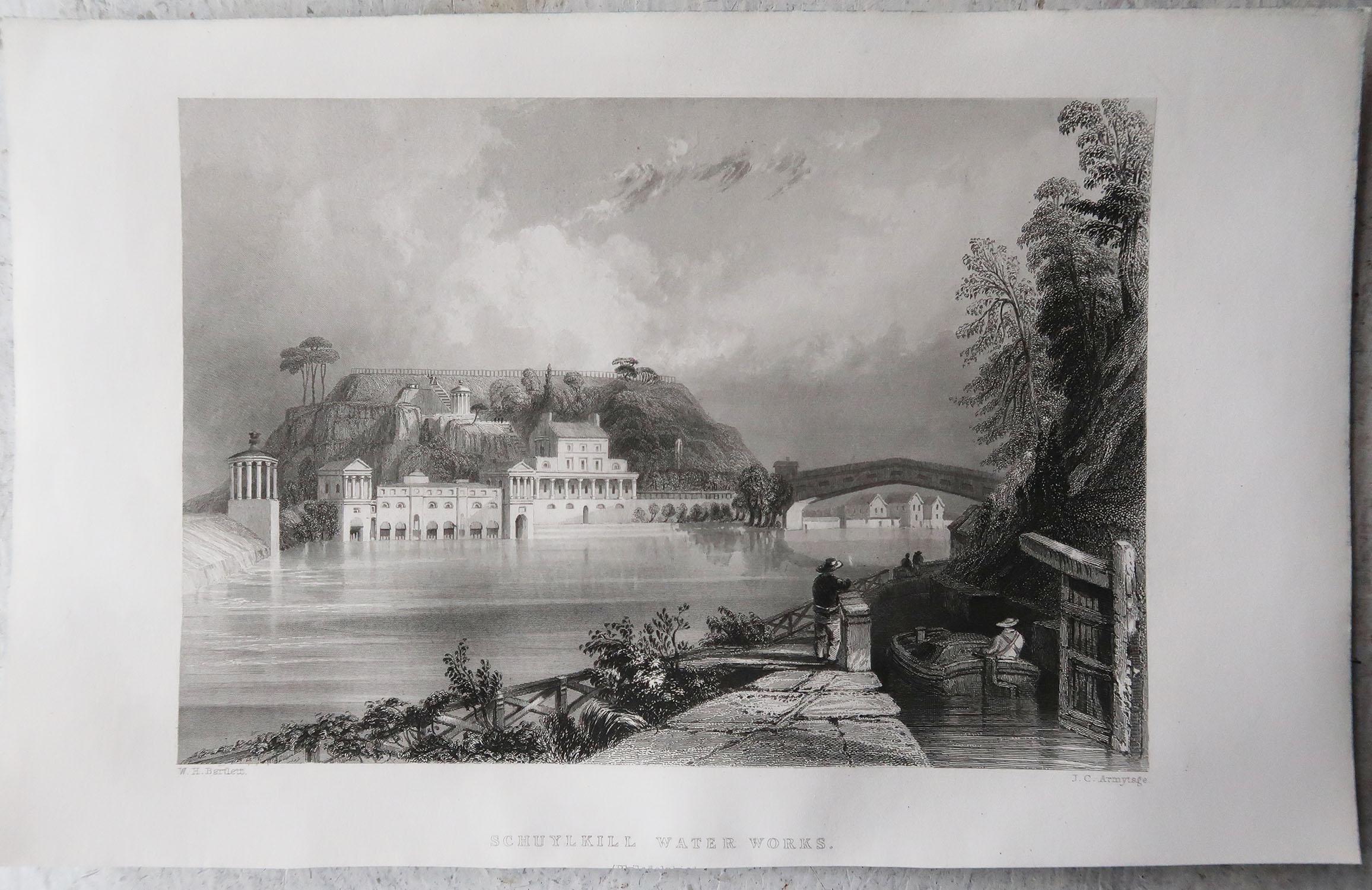 English Original Antique Print of Schuylkill Water-Works, Philadelphia, Pennsylvania