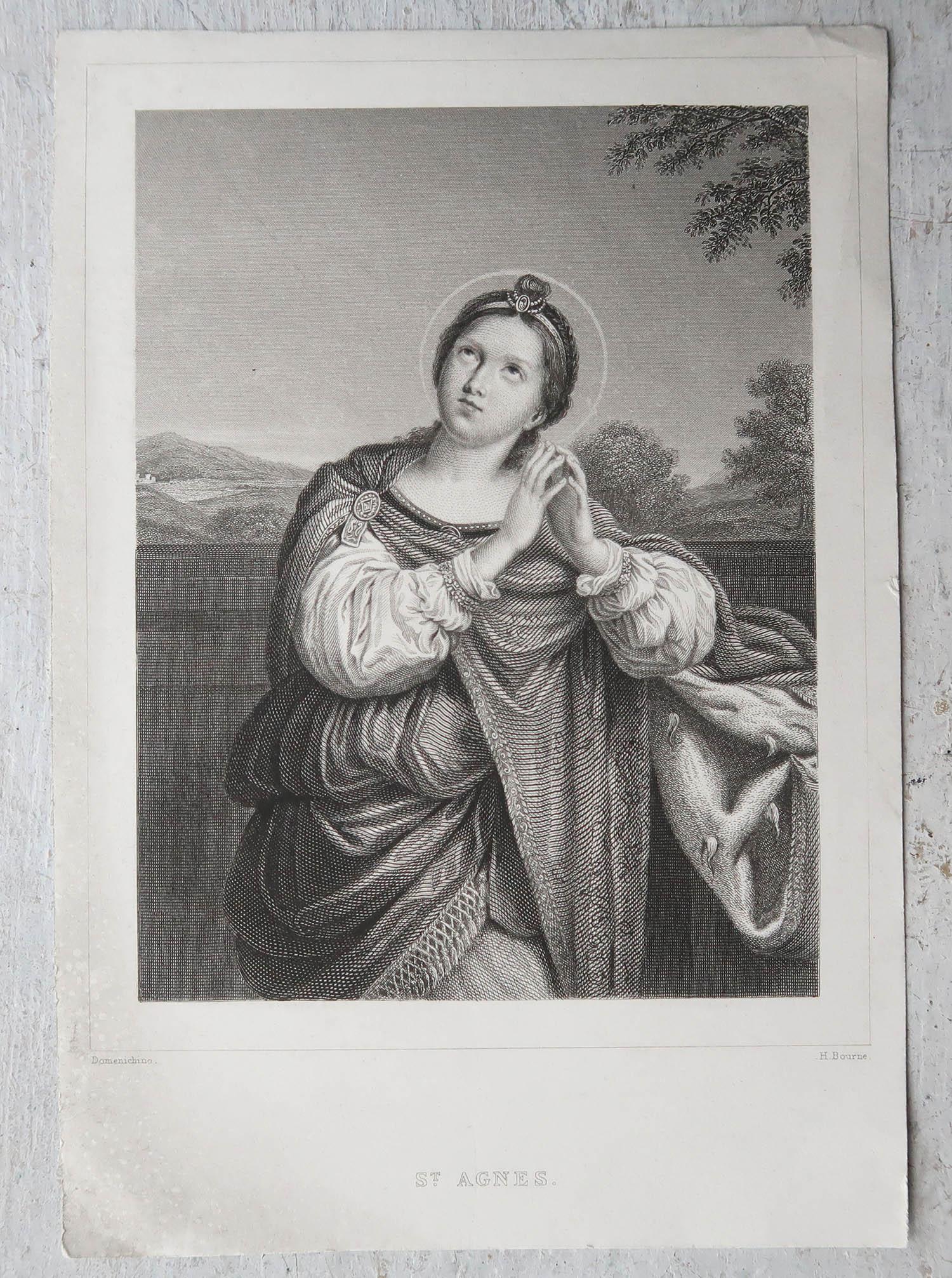 Baroque Original Antique Print of St Agnes. After Domenichino. C.1850 For Sale