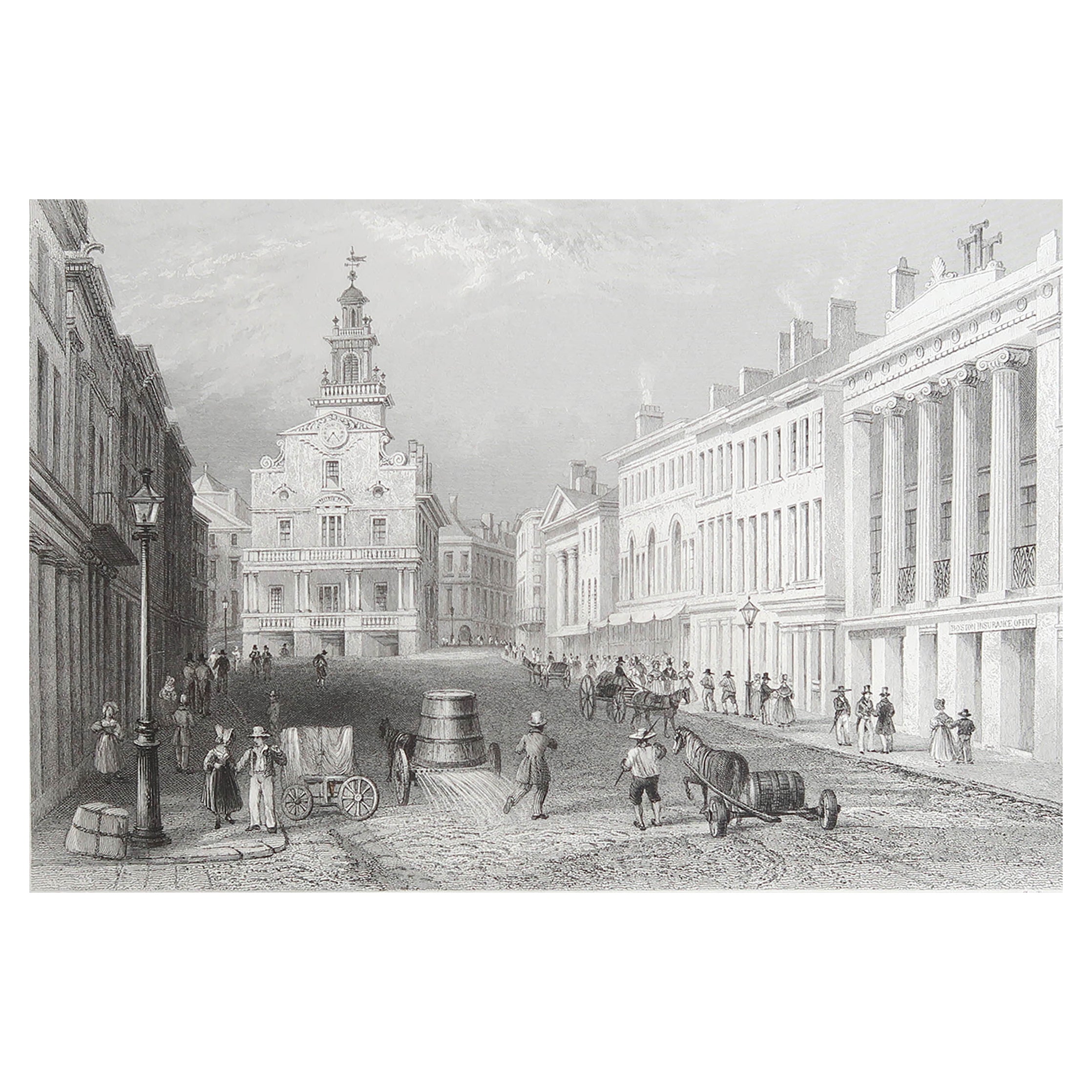 Original Antiker Originaldruck der State Street, Boston. Datiert 1837