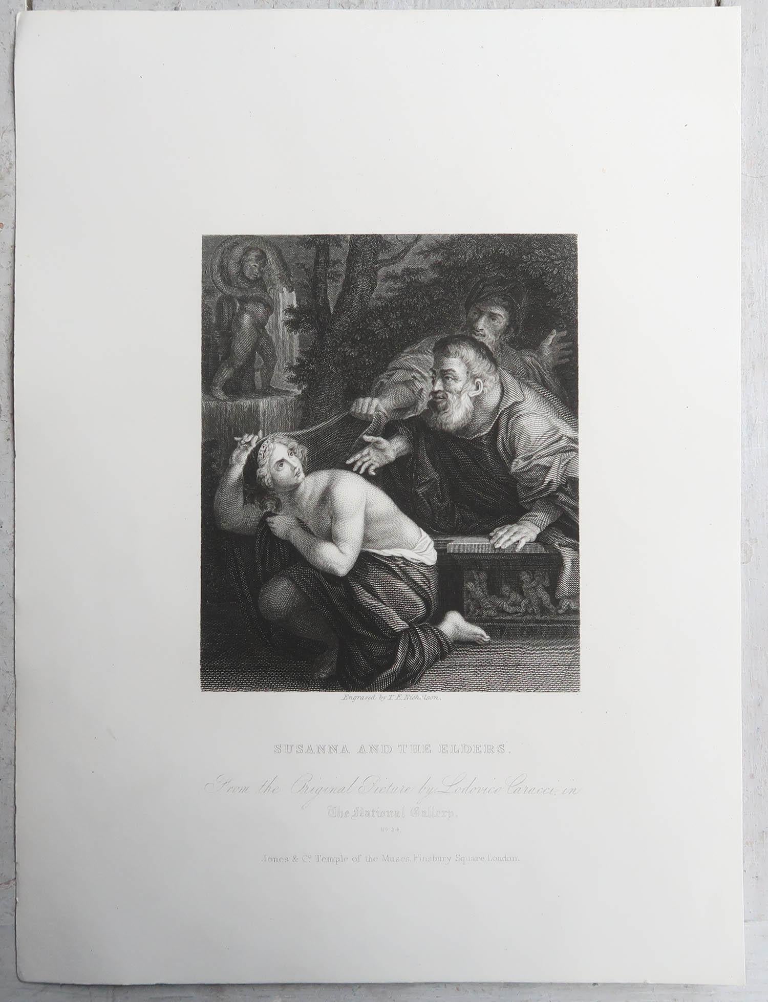 Anglais Impression ancienne originale de Susanna et des aînés d'après Ludovico Carracci. C.1850 en vente