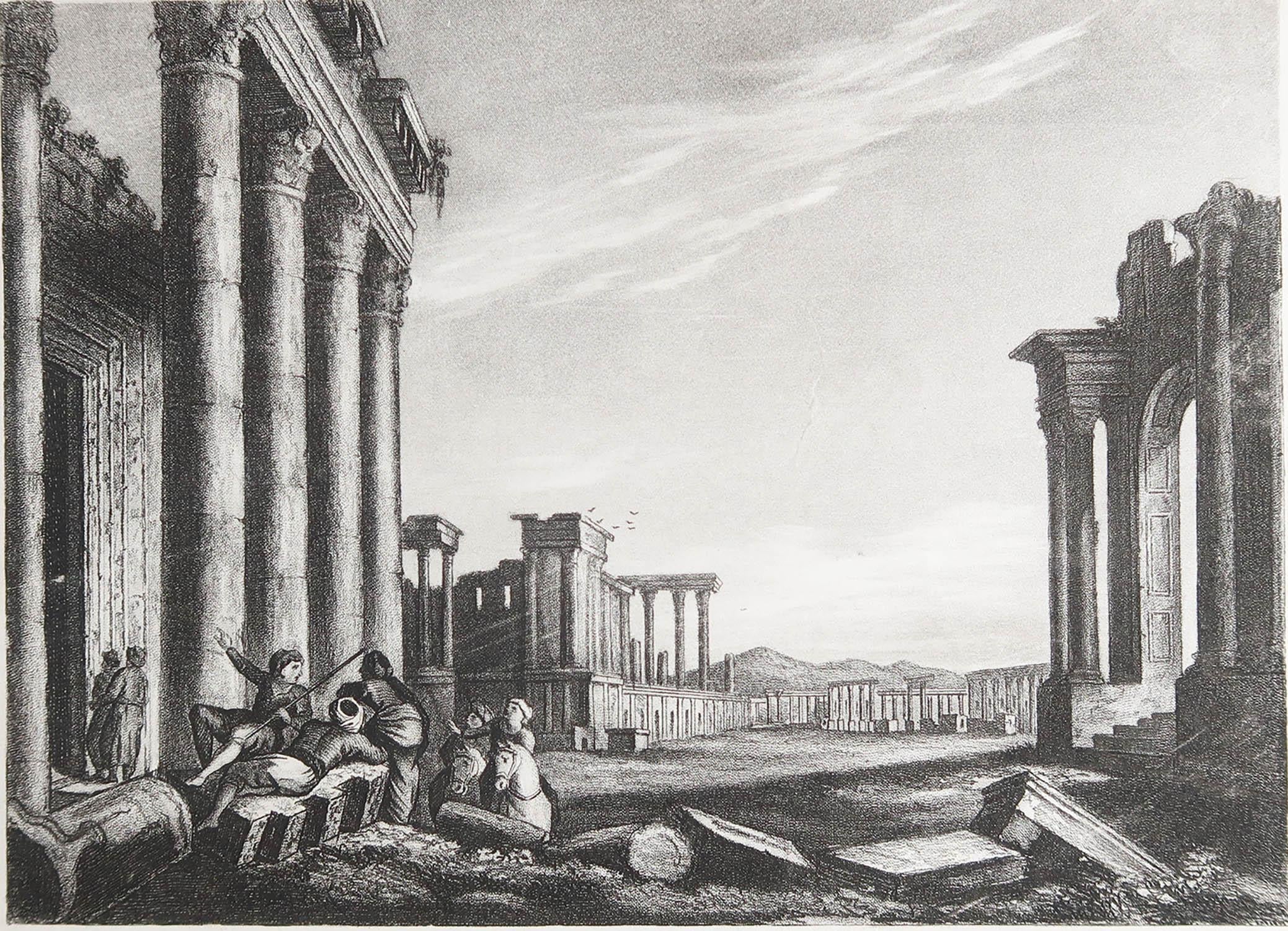 Merveilleuse image de Palmyre, Syrie

Gravure fine en mezzotinte 

Publié par Thomas Kelly, Londres, vers 1840.

Non encadré.

 