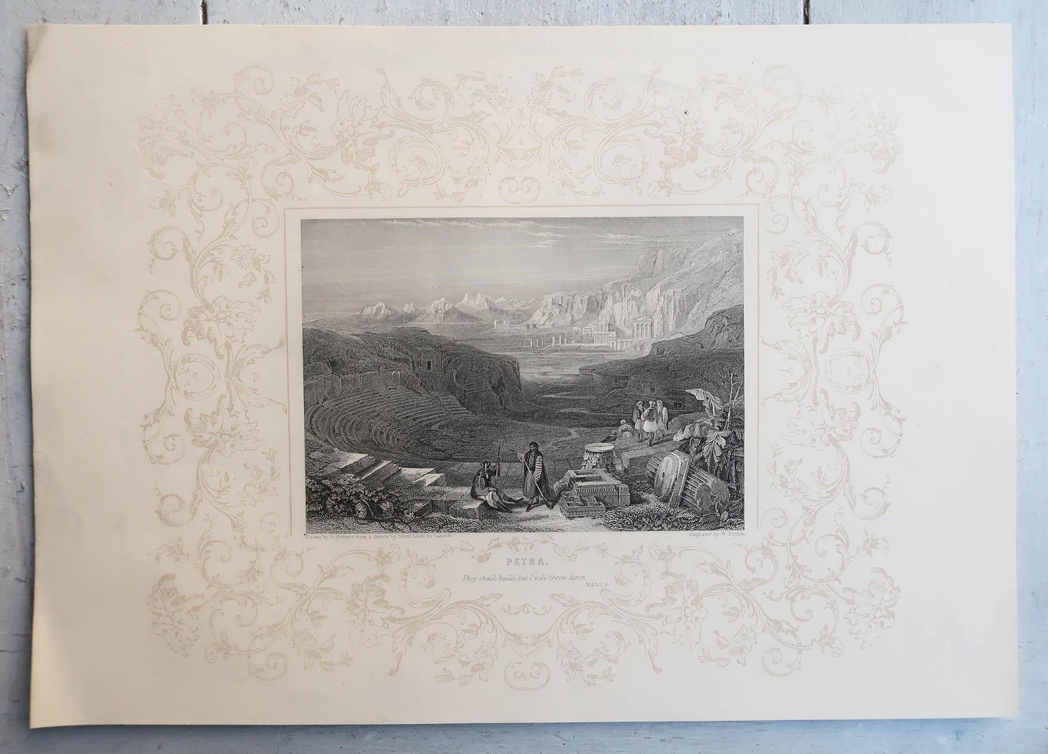 English Original Antique Print of the Ancient City of Petra After David Roberts c 1850 For Sale